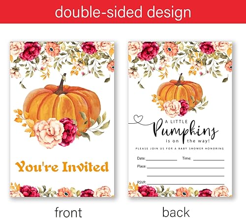 Miniatura 2 de Paquete de 20 invitaciones de fiesta de calabaza pequeña con sobres, un tema de calabaza está en camino, tarjeta de invitaciones para suministros de