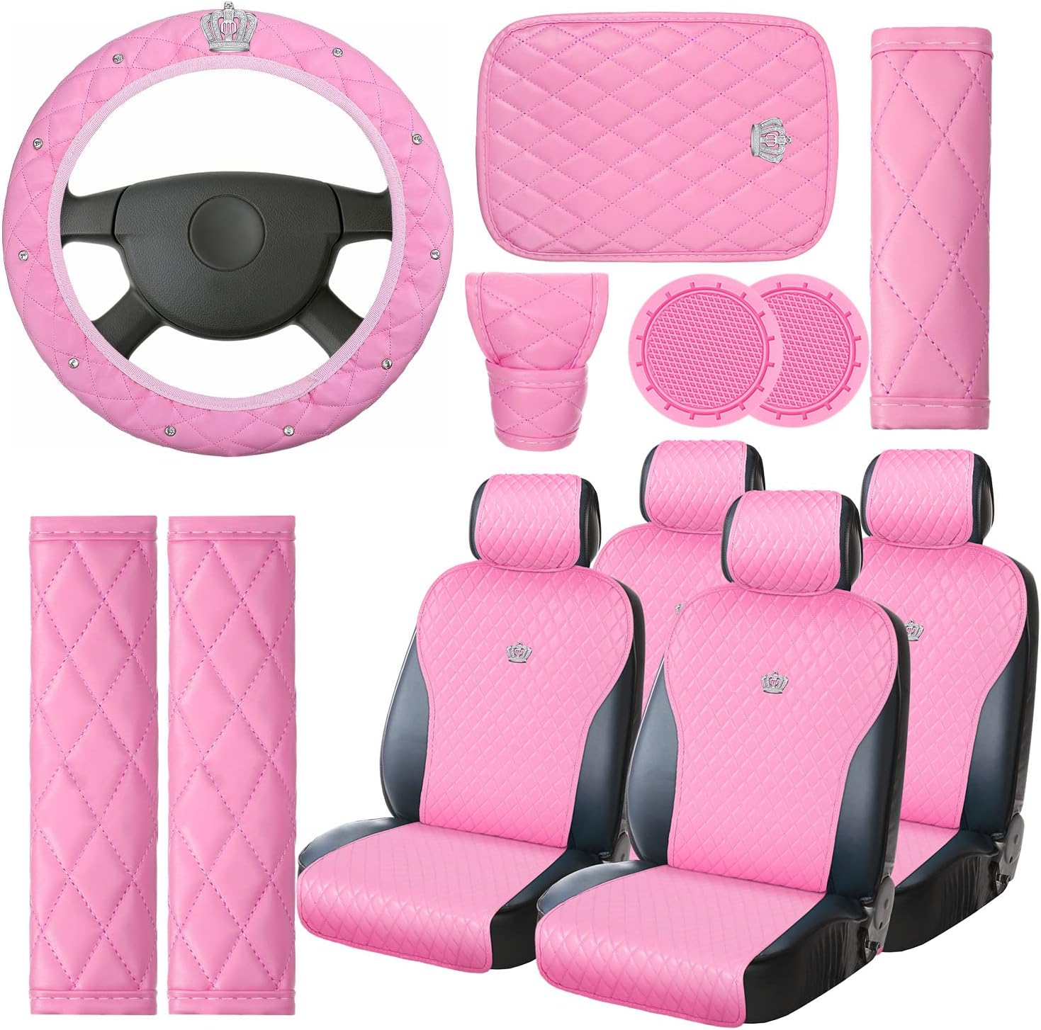 Tallew 14 Pcs Pink Car Accessories Set Leather Diamond Seat Cover Steering Wheel Cover with Center Console Pad Cup Holders Gear Protection for Women Car Interior Decor(Full Set) Tallew 14 Pcs Pink Car Accessories Set Leather Diamond Seat Cover Steering Wheel Cover with Center Console Pad Cup Holders Gear Protection for Women Car Interior Decor(Full Set)