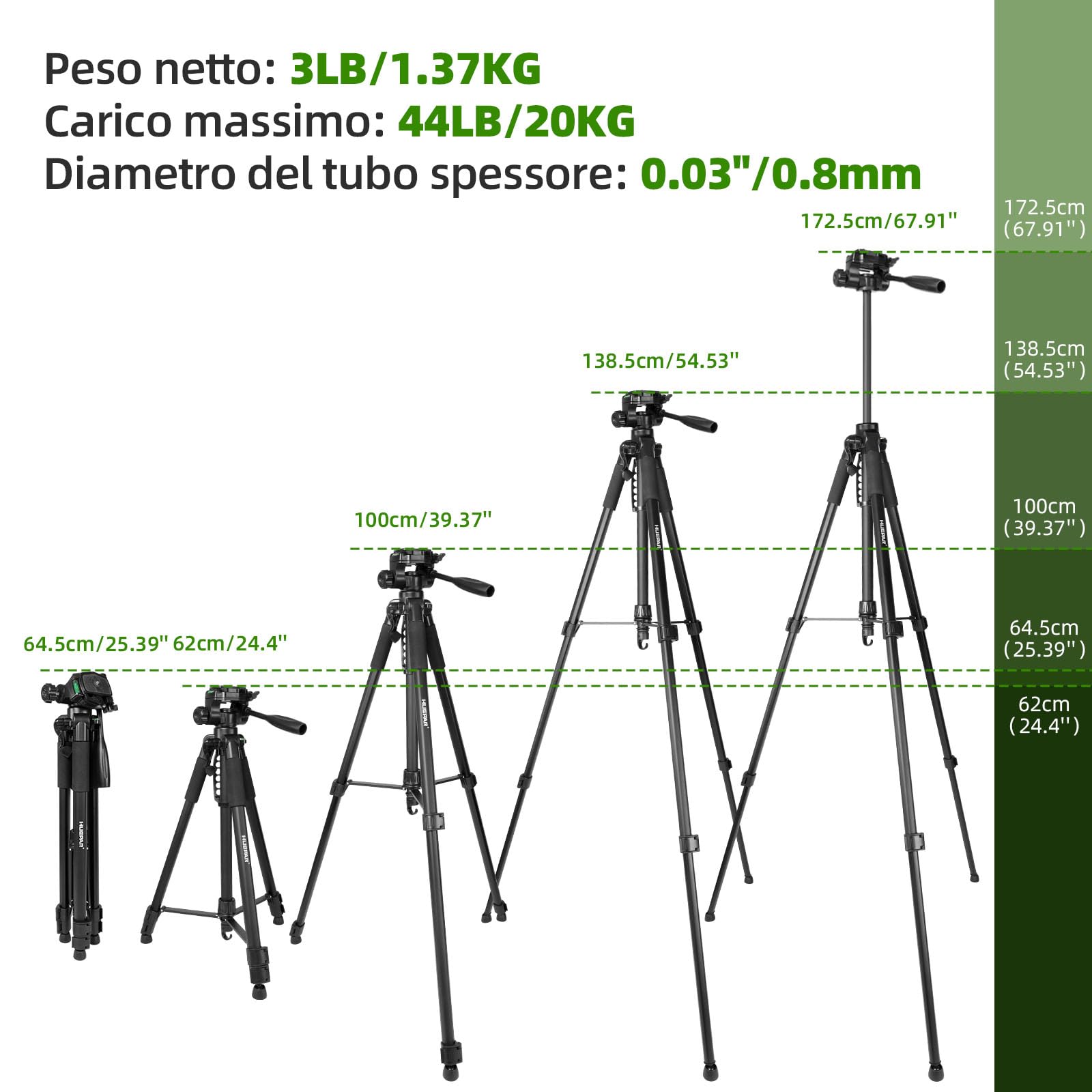 Treppiede in alluminio per livella laser Huepar da 1.72m, livella a bolla integrata, attacco vite da 1/4 di pollice e dado adattatore UNF da 5/8 di pollice, incluso custodia da trasporto