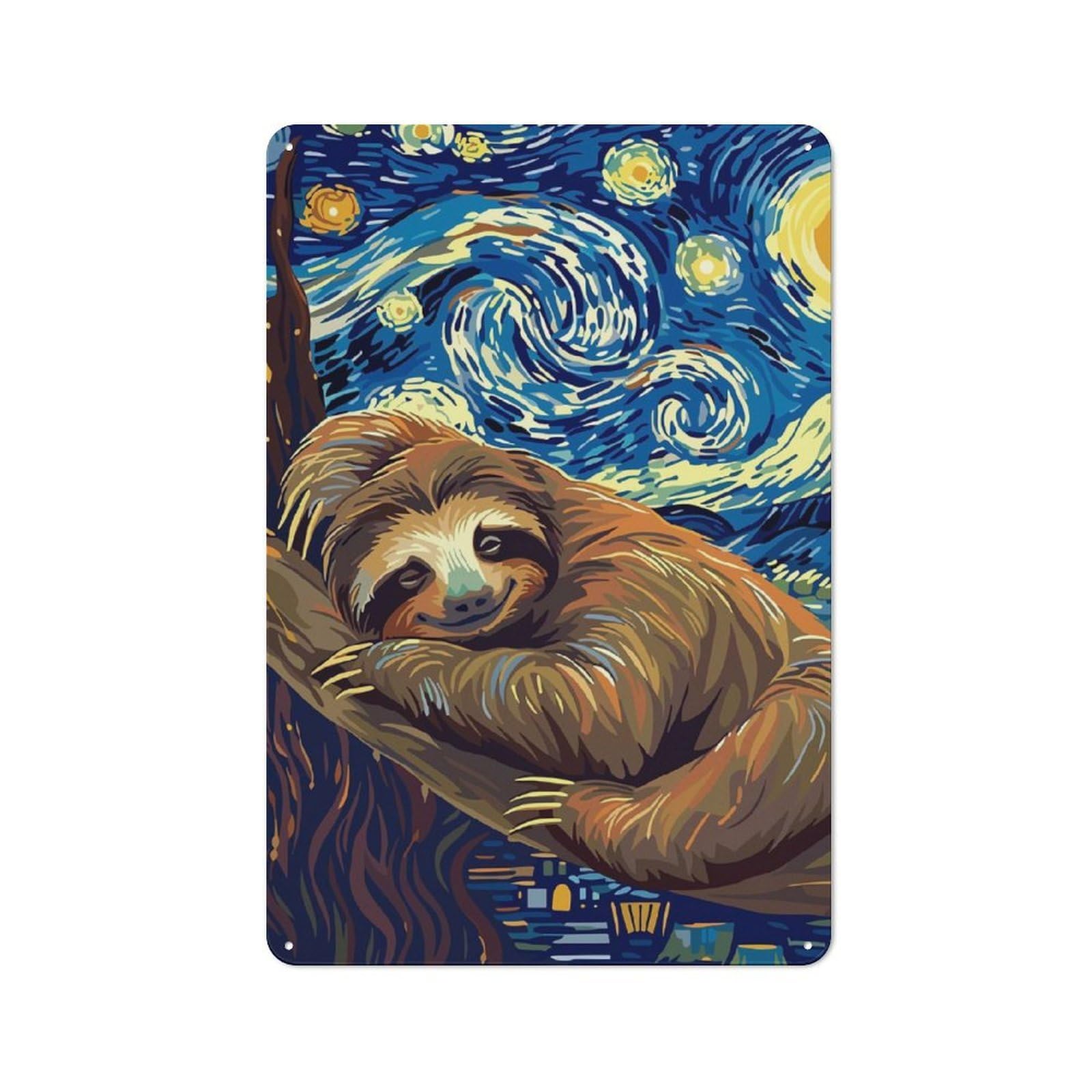 Junmoney Sloth In Starry Night Style Retro Tin Sign 30X20cm For Garden Room Or Summerhouse, A Housewarming Gift For Garden Room Decor Fans