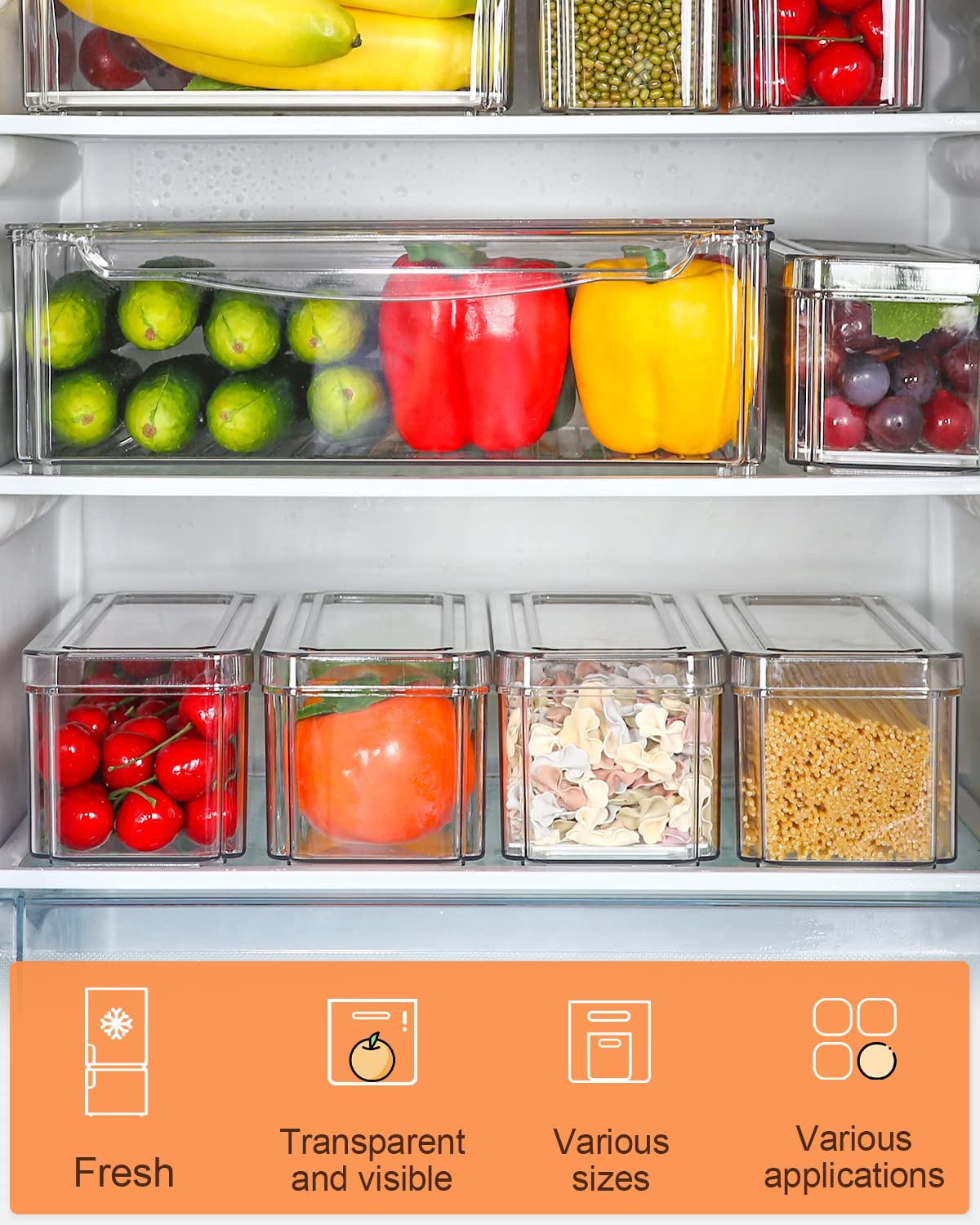 Set di 7 organizer per frigorifero (3 dimensioni), impilabile, piccolo contenitore per frigorifero con maniglia, contenitore trasparente per dispensa, congelatore, armadio, cassetto, senza BPA