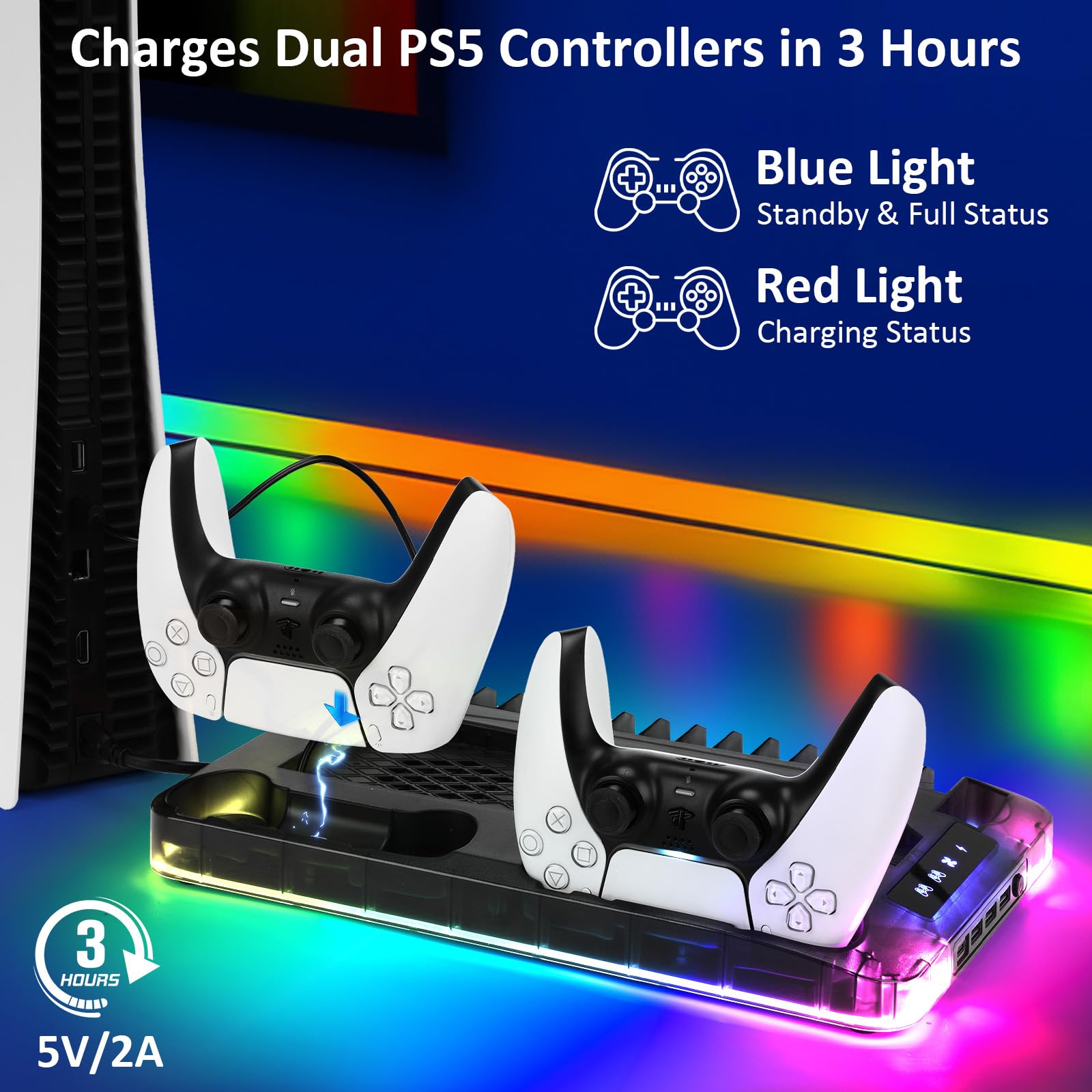 Supporto PS5/PS5 Slim/PS5 Pro con Ventola & Luce RGB, Trasparente PS5 Stazione di Raffreddamento Supporto di Ricarica con Controller Ricarica Stazione di ricarica per PS5/Slim/Pro Disco &Digital