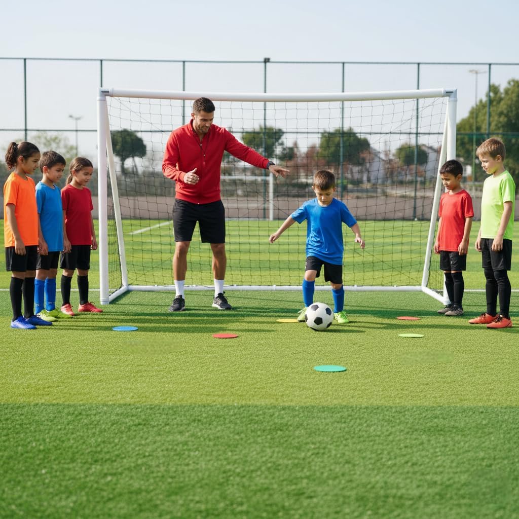 Soccer Goal with 10" Non-Slip Spot Markers – Pro Agility Drills & Backyard Kit – Includes Pump, Stakes, Sandbags & Carry Bag