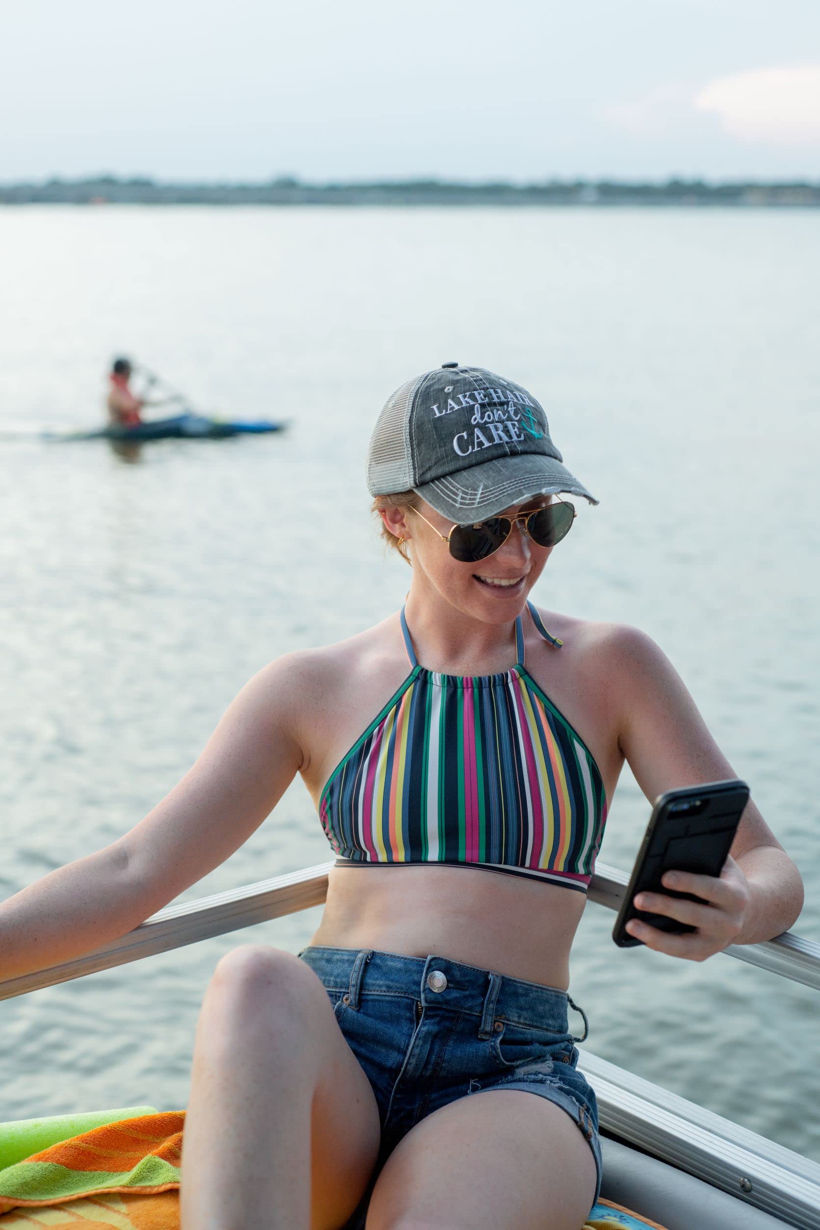 KATYDID 'Boat Hair Don't Care' Trucker Hat - Distressed Baseball Cap With Anchor, Black/Pink, One Size Adjustable