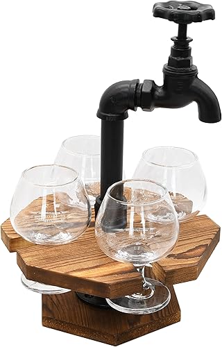 Miniatura 6 de Owlgift Tubo industrial y madera quemada CervezaWhisky Vuelo Set con 4 vasos, grifo de hierro fundido diseño de espita