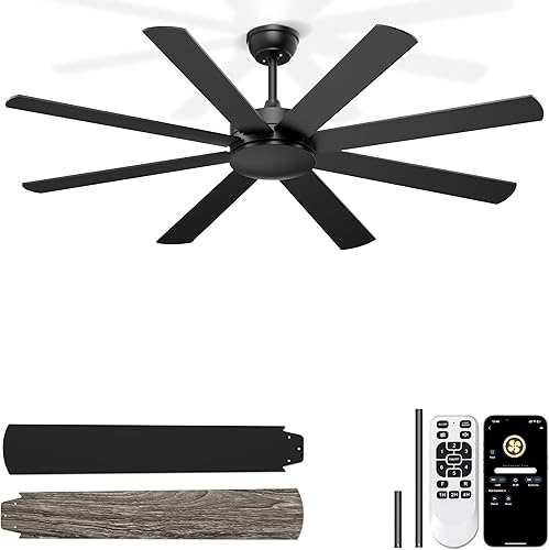Ventiladores de techo de 60 pulgadas sin luces, ventilador de techo negro moderno, control remoto/aplicación, ventilador de techo silencioso con