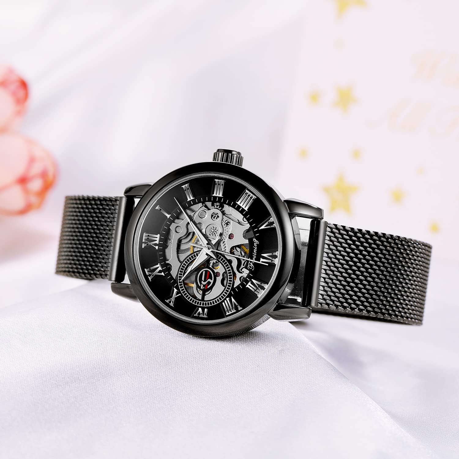 Gosasa Orologio da polso da donna con scheletro, alla moda, meccanico, a carica manuale, cinturino in rete, numeri romani, casual, orologio da polso