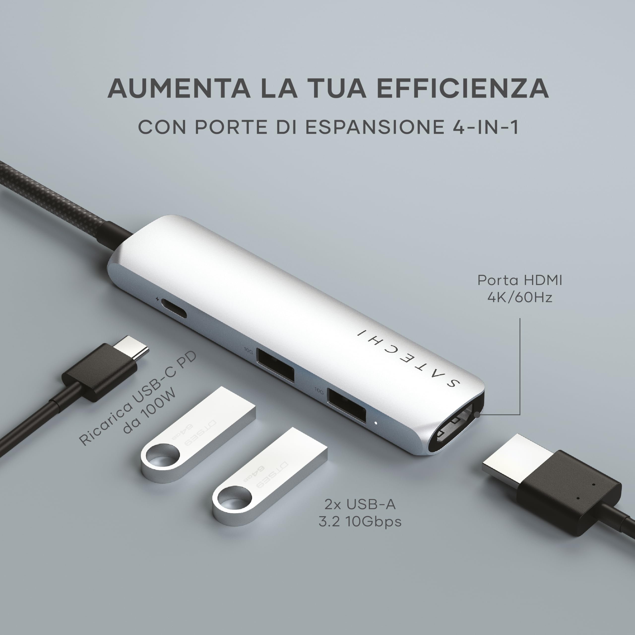 SATECHI Hub USB C 4 in 1 Slim Plus, PD 100W, HDMI 4K, Argento | 2x Porte USB-A 10Gbps, video 4K@60Hz, per MacBook Air/Pro/Neo, laptop Windows e altro