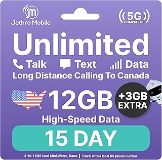 Jethro Mobile USA SIM Card (15 Days), 12GB High-Speed Data, Unlimited Talk/Text/Data, Ready to Use, Unlimited Calling to Canada, Prepaid Card