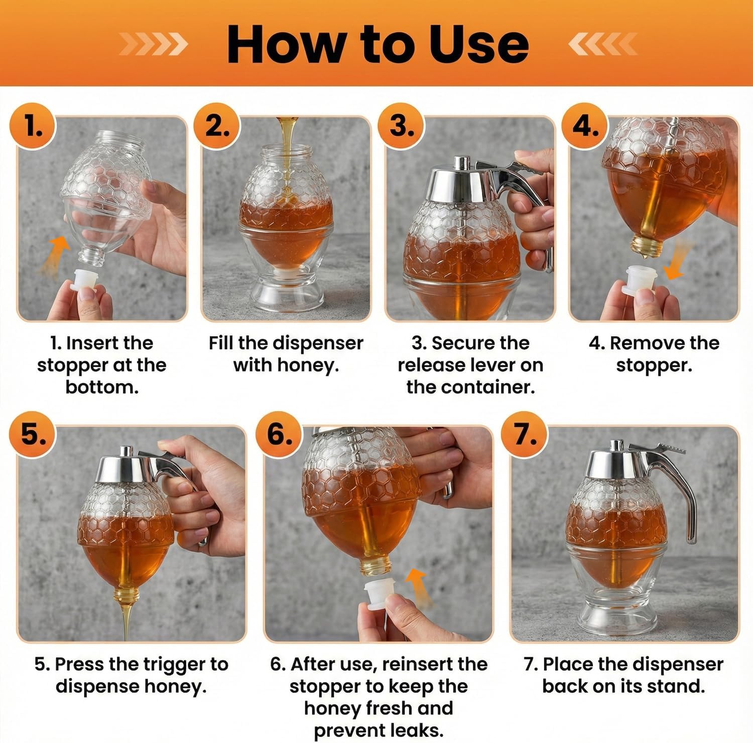 Shatterproof Honey Dispenser No Drip with Stand, Clear Syrup Dispenser for Coffee Bar, Honey Jar Container, 200ml Pourer Server for Home Kitchen, Elegant Chrome Plated Handle