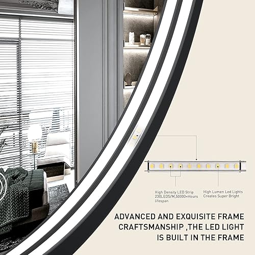 Miniatura 6 de Espejo de baño LED redondo de 24 pulgadas, espejo de tocador antivaho regulable con control táctil, luz natural de 6000 K, marco de metal negro,