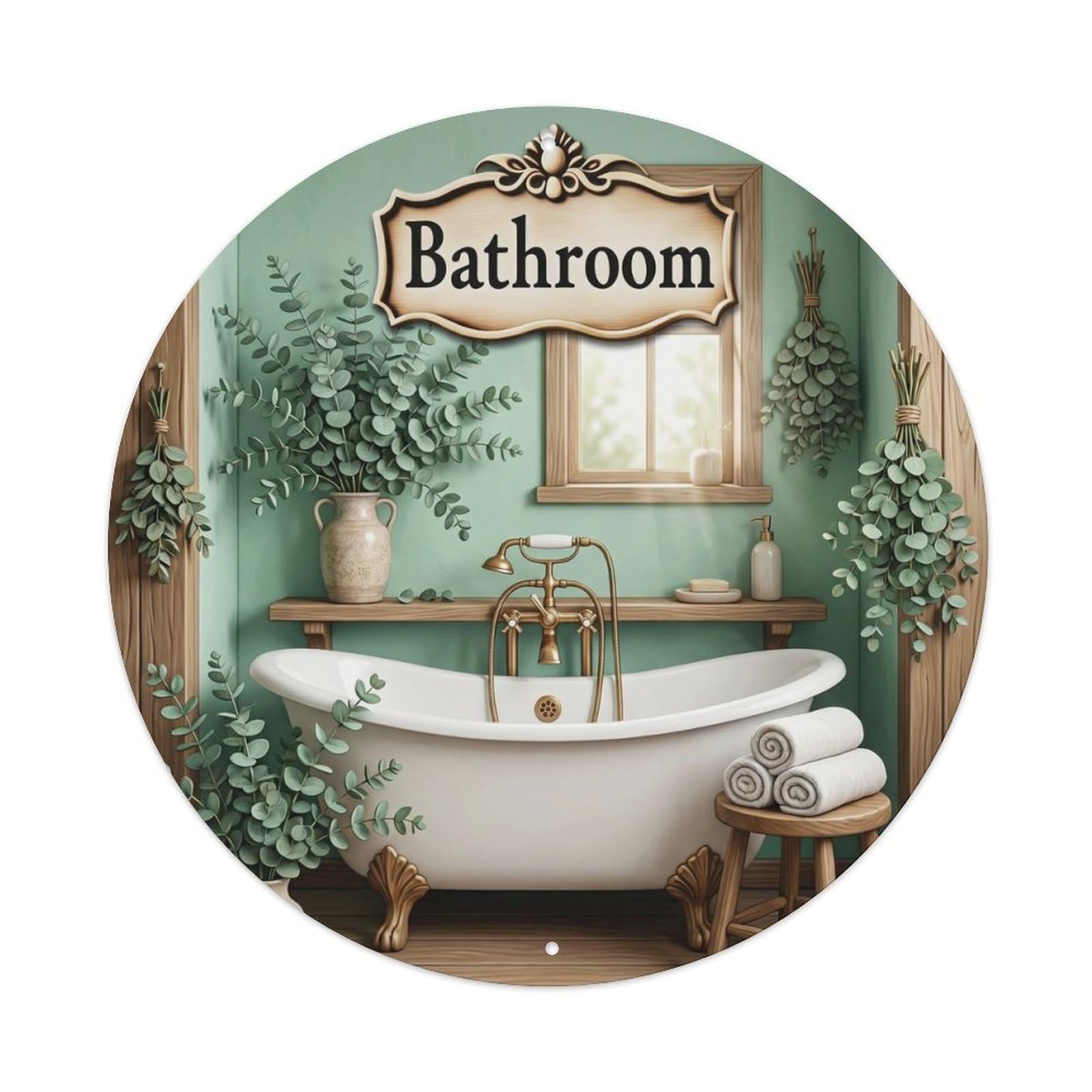 Yrnq Vintage Style Bathroom Eucalyptus Spa Bathroom Decor Vintage Metal Tin Sign Plaque Wall Decor For Cafe, Club, Garden Round Metal Poster 8X8inch