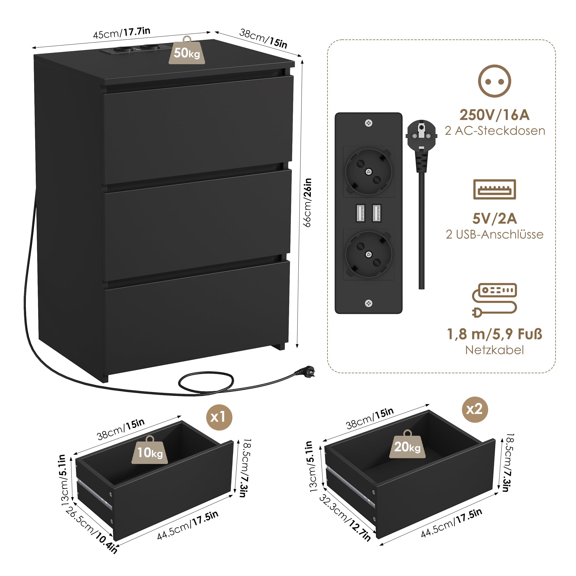 FirFurd Nachttisch mit Steckdosenleiste Nachtschrank 3 Schublade 45x38x66cm | Beistelltisch mit 2 AC-Steckdosen, 2 USB-Anschlüsse, 1,8 m Netzkabel, Nachtkommode für Schlafzimmer Wohnzimmer Büro, schwarz