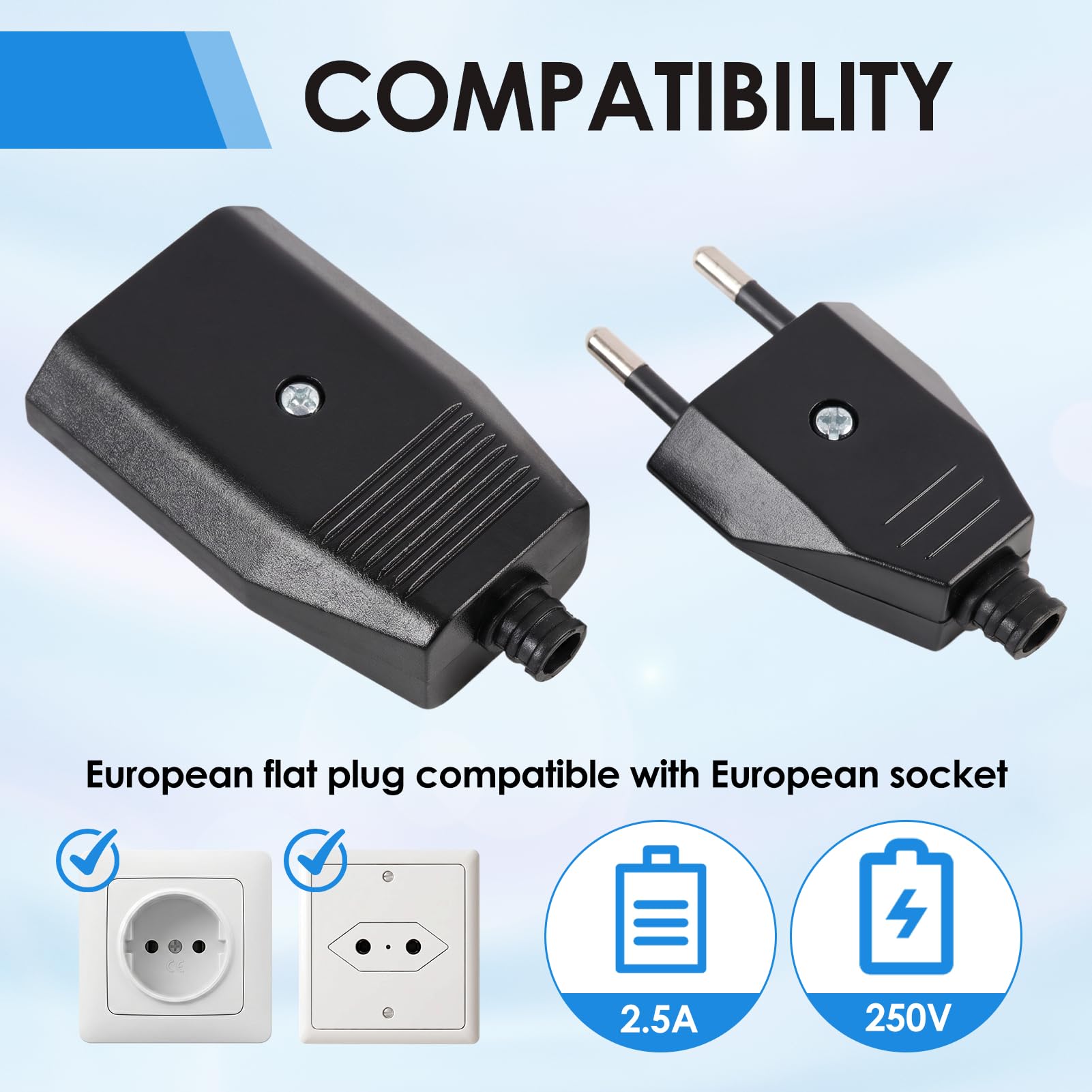 4 Stück Eurostecker Flach, Flachstecker Euro und Flachkupplung Set 2-polig 250V 2,5A, Euro Steckverbinder Verlängerungskabel Ersatzstecker Haushaltsgeräte Lampen Beleuchtung Kleingeräte Haartrockner