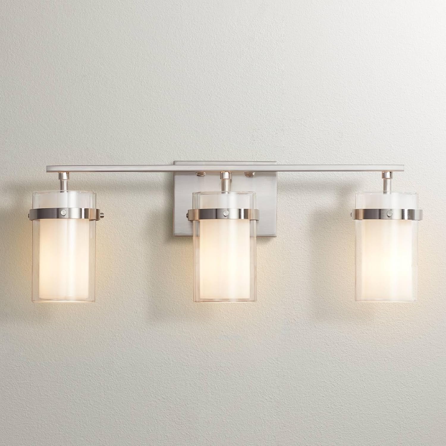 Possini Euro Design Kazran Modern Wall Light Brushed Nickel Slender Hardwire 21 1/4" 3-Light Fixture Frosted White Glass Shade for Bedroom Bathroom Bedside Vanity Living Room Mirror Hallway Dining