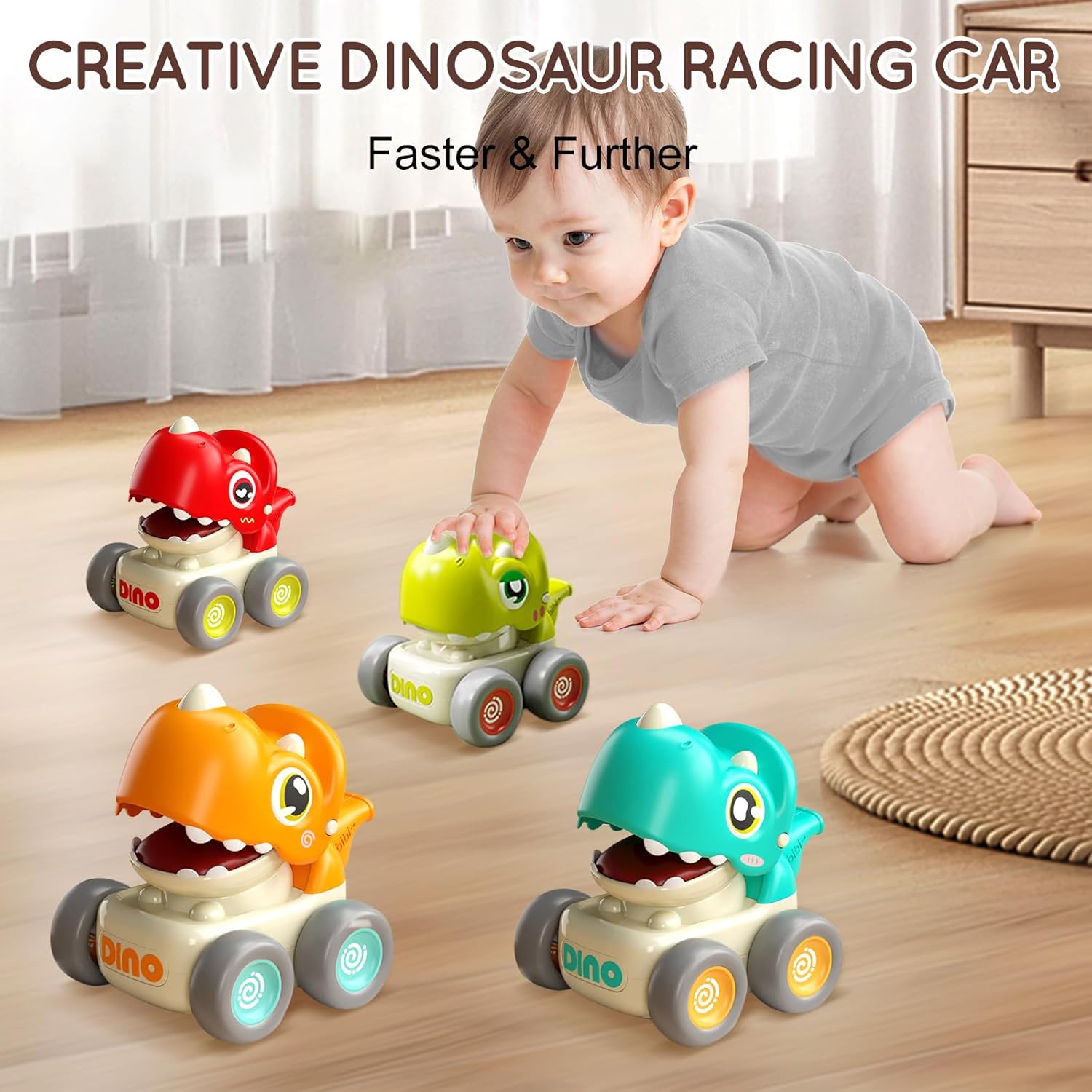 Dinosaur Racing Cars for Toddlers 1-3, Baby Press and Go Car Toys, Infant Play Vehicle Set with Whistle, Baby Push Go Friction Car Toys for 18M+, 1st Birthday Gift for 1 2 Years Old Boys Girls