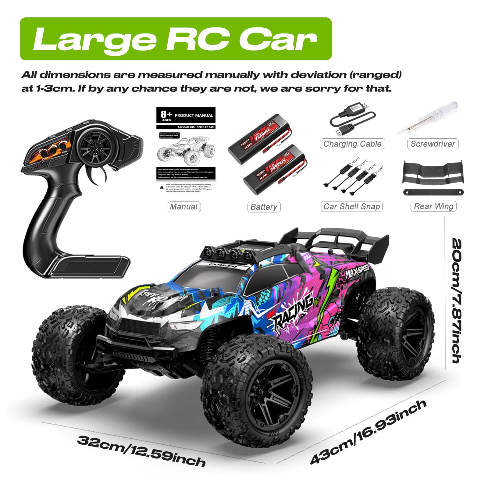 Coche RC 1:8 2WD 50KM/H con 2 Baterías 7.4V 2600mAh, Motor RC550, Control Proporcional 2.4GHz, Coche Todo Terreno con Luces LED, ESC 45A, Servo 6KG, Regalo Niño Adulto
