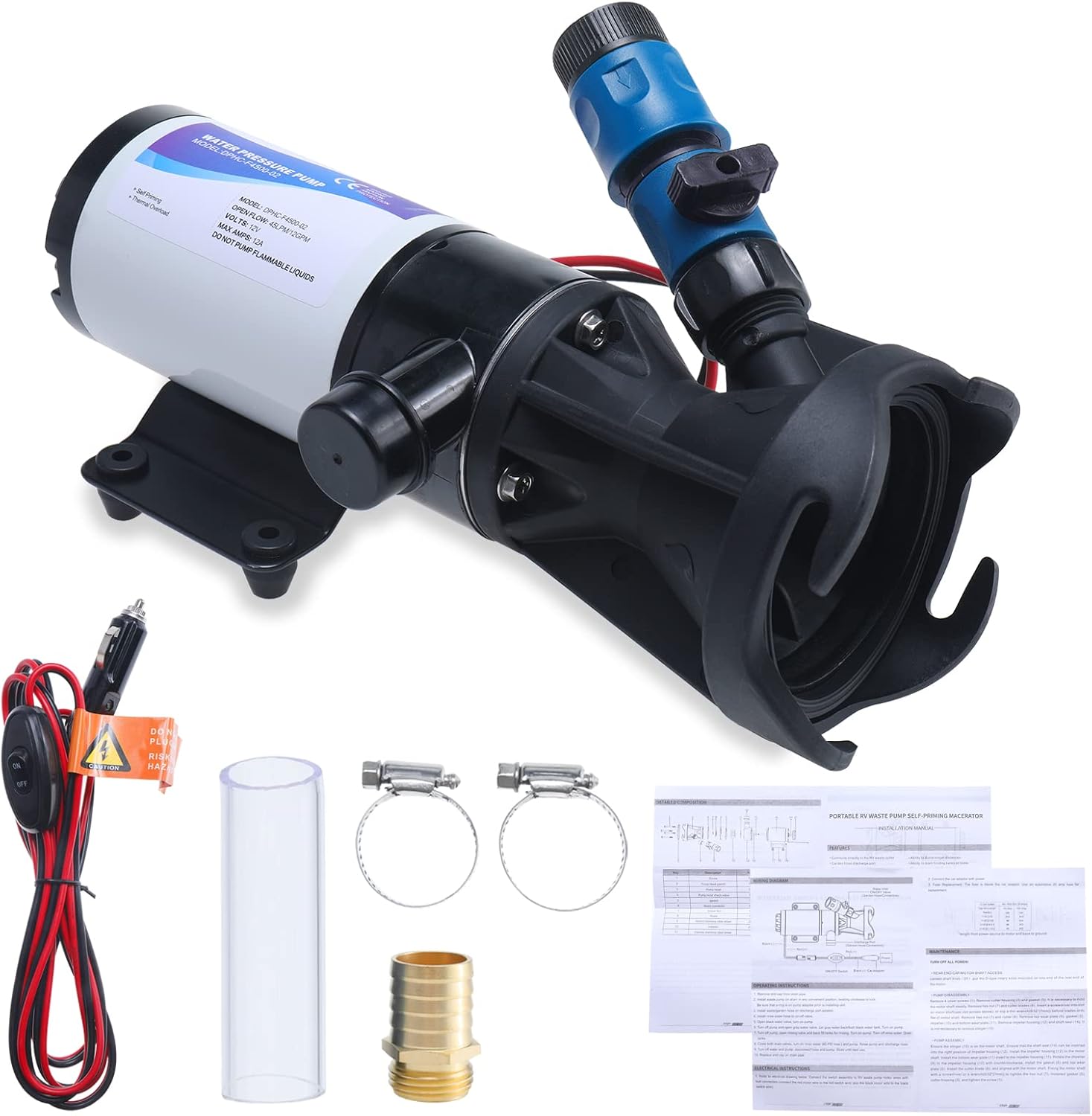 AuInLand RV Waste Pump, RV Macerator Pump 12V 12GMP, Waste Water Tank Pump with Garden Hose