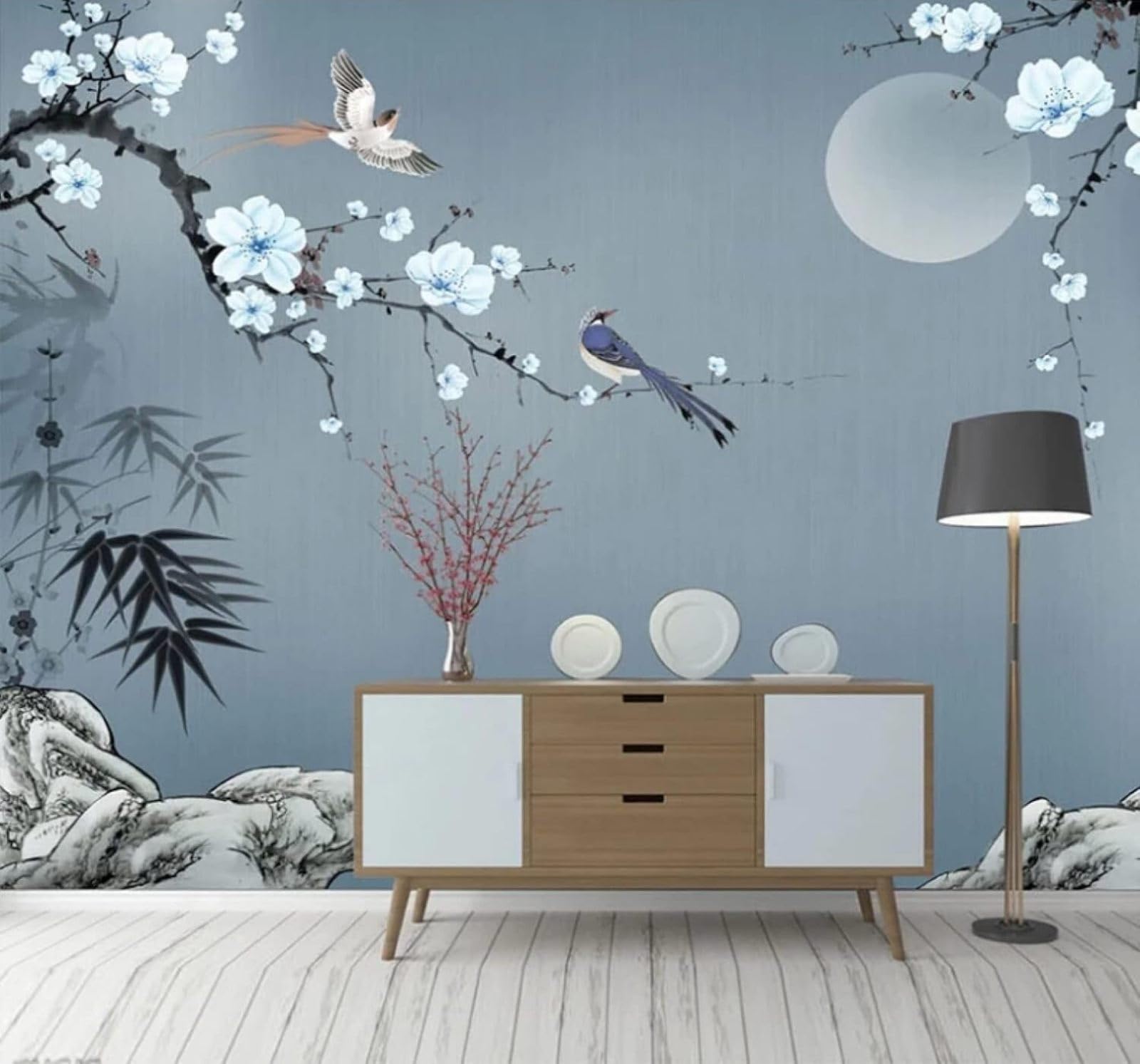 Wallpaper-3D-Xlm 430Cm×300Cm(B×H) Minimalist Elegant Flowers And Birds Moon Landscape 3D Wallpaper Easy Install Feature Office Living Room Sofa Bedroom Tv Background Wall Decoration-430Cm×300Cm