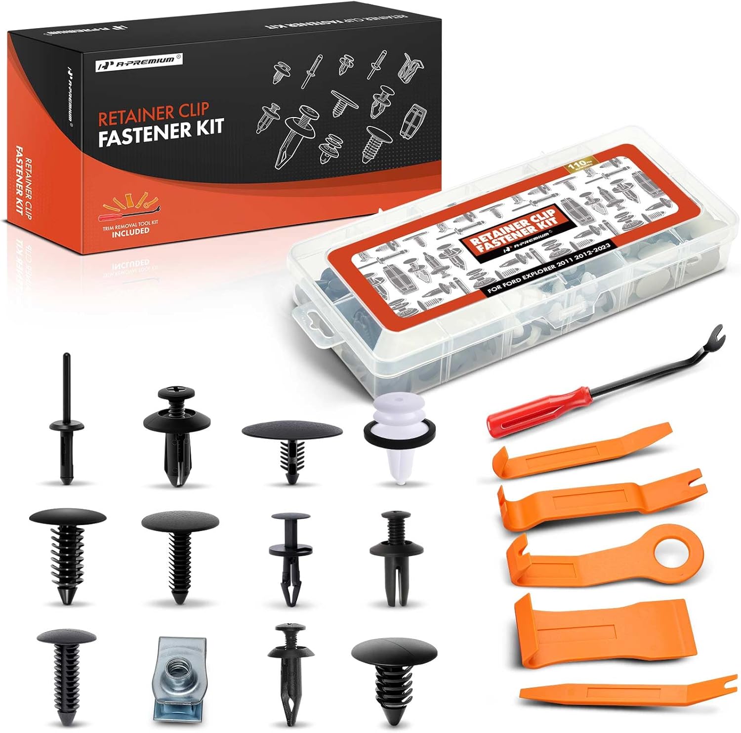 A-Premium 110PCS (12 Sizes/26 oz) Bumper Fender Hood Retainer Clips Kit - Compatible with Ford Explorer 2011-2023 - Rocker Molding Door Panel Trim Push Pin Plastic Nylon Rivet Fastener Set