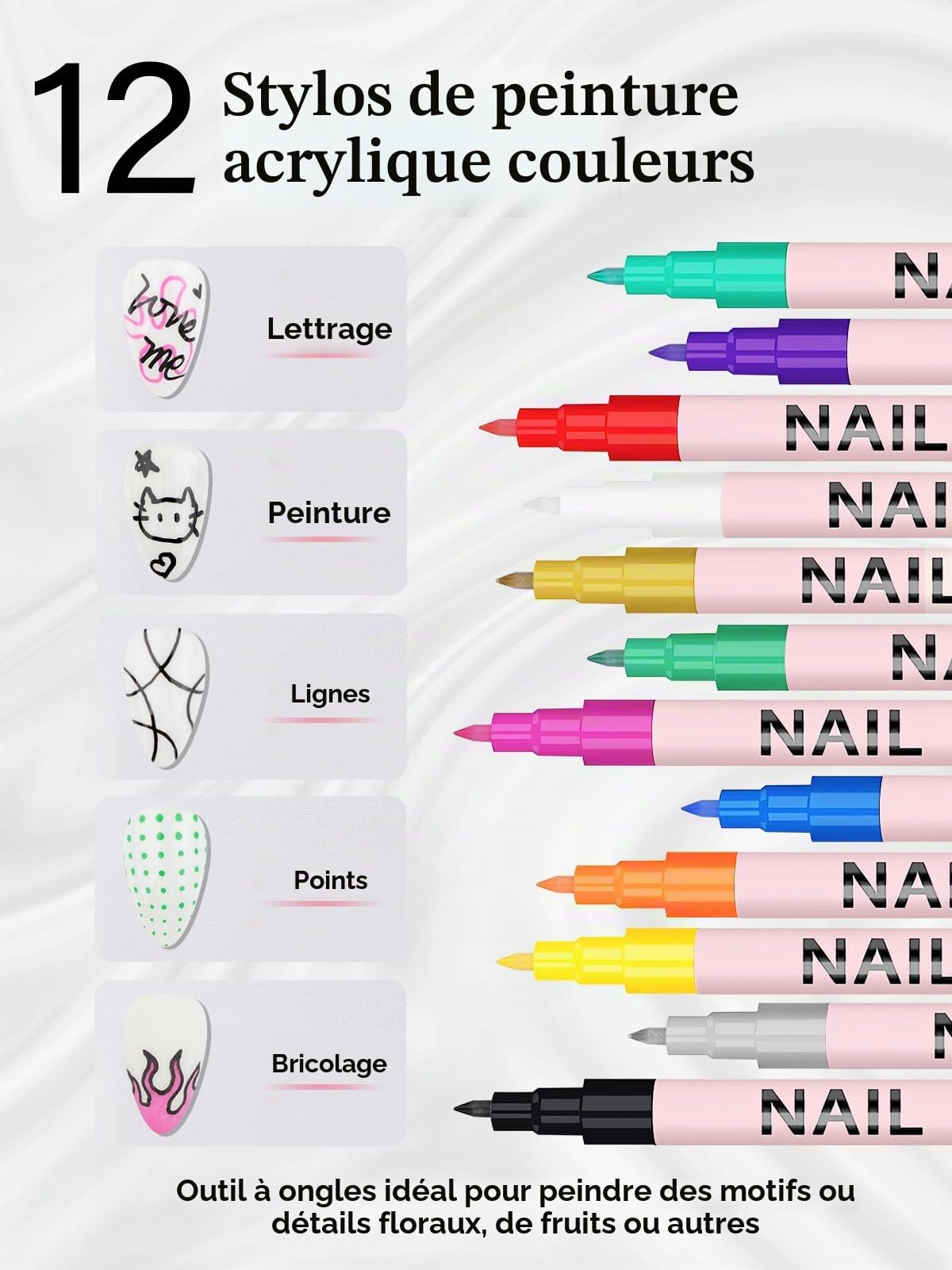 EBANKU Nail Art 3D 0,7 mm Vernis à ongles à séchage rapide Marqueurs pour nail art Peinture acrylique Point Graffiti Dotting Liner Stylo Outils pour la maison le salon manucure (12 colors)