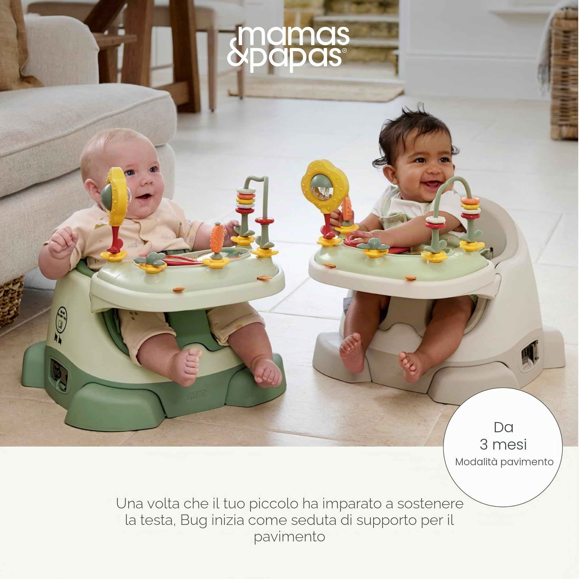 Mamas & Papas Baby Bug seggiolino pappa, vassoio staccabile, imbracatura, seduta regolabile e piedini antiscivolo, Pebble Grey