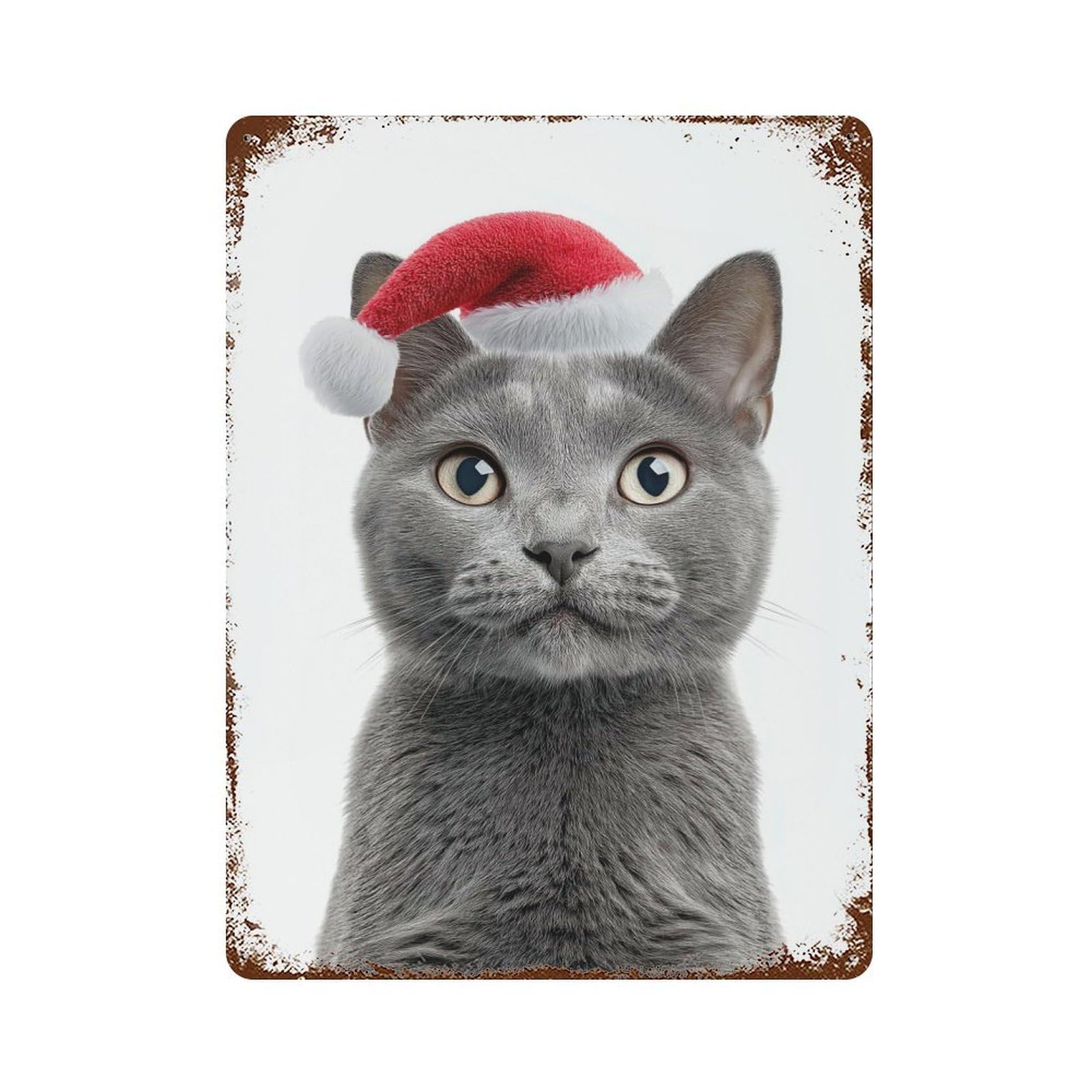 Retro Metal Sign with Chartreux Cat with Santa Hat Design 15.7"x11.8", for Living Room, Hallway And Home Decor, Farmhouse Wall Decor