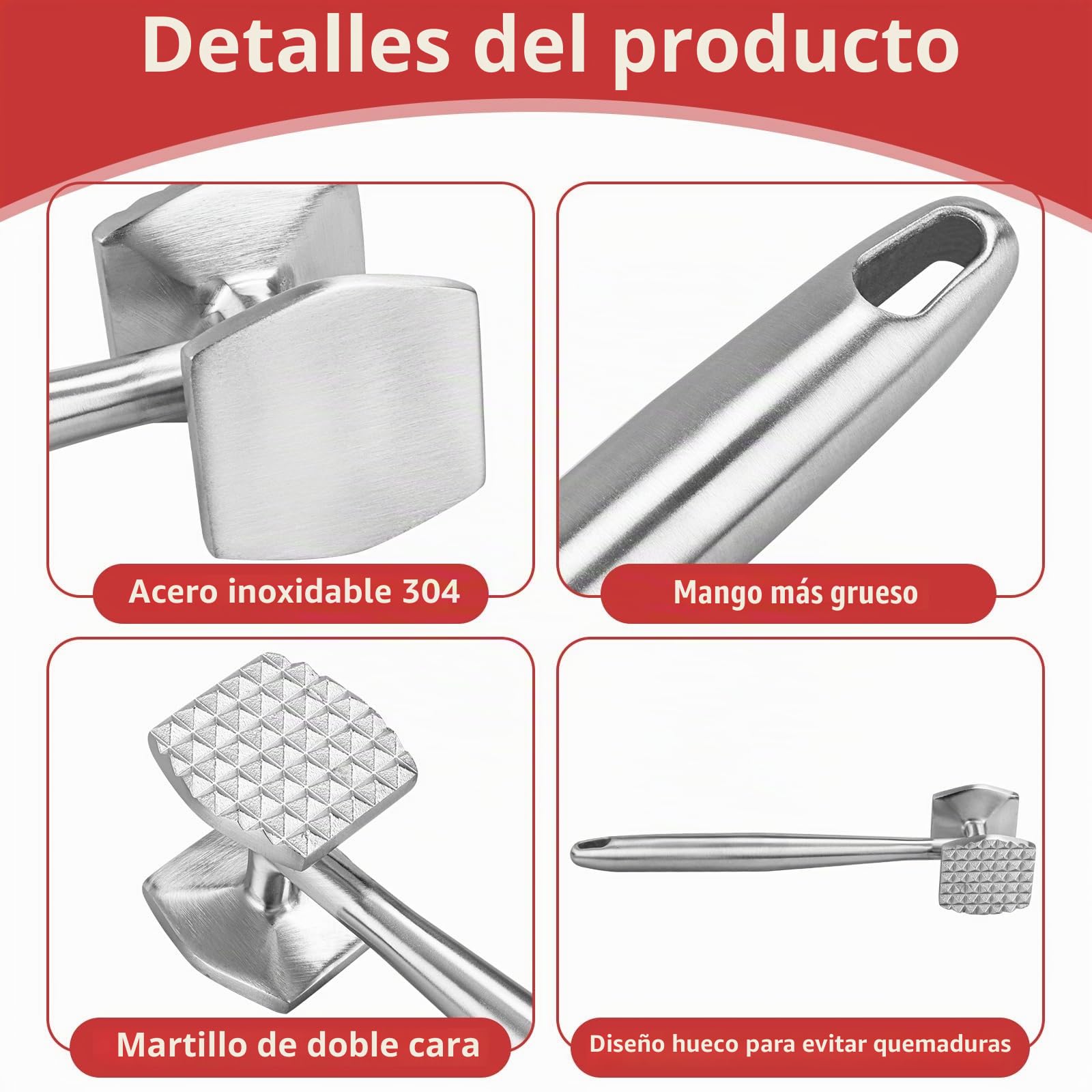 AKOLAFE Martillo Carne de Acero Inoxidable 304, Ablandador de Carne Doble Cara con Lado Liso y Texturizado, Mango Hueco 26 x 5 x 6,3 cm para Bistec, Pollo y Ternera