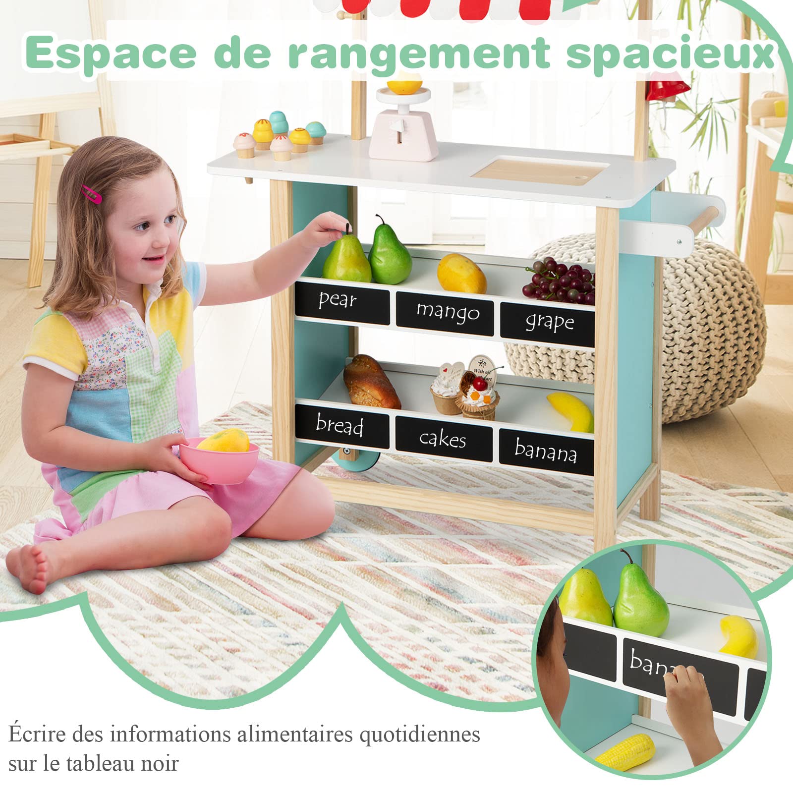DREAMADE Chariot De Crème Glacée Enfant – Stand Marché Bois, 6 Cônes, Balance, Tableau Noir, 3+