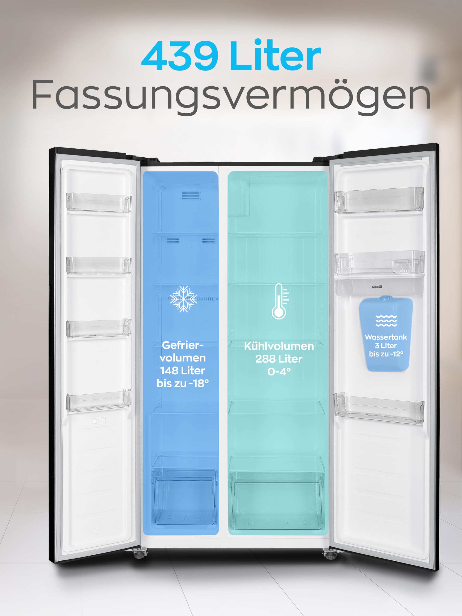 Heinrich´s Side-by-Side Kühlschrank, Kühlgefrierkombination mit 439L Mega Gesamtvolumen, NO-FROST, 151L Gefriervolumen, inkl. Wasserspender, LED Beleuchtung,Touch, Multi-Airflow-System, Schwarz-Inox