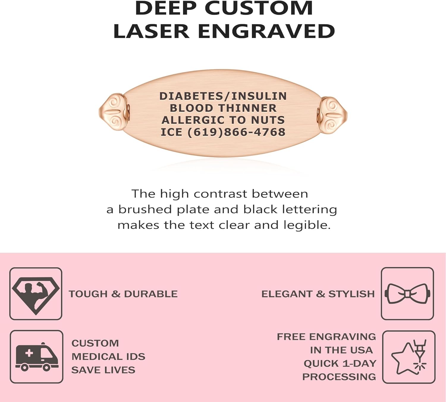 Divoti Medical Alert ID Bracelets for Women | Custom Engraved Filigree Design Bracelet | 304L Stainless Steel Lobster Claw & Tri Strand Beaded Pearl Chain| 4-lines Text with Caduceus Symbol