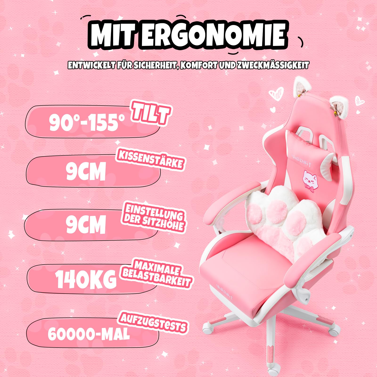 Vigosit Chaise de jeu PC mignonne, ergonomique, avec coussin lombaire et oreilles de chat, repose-pieds réglable, pour filles, adolescentes, enfants, rose