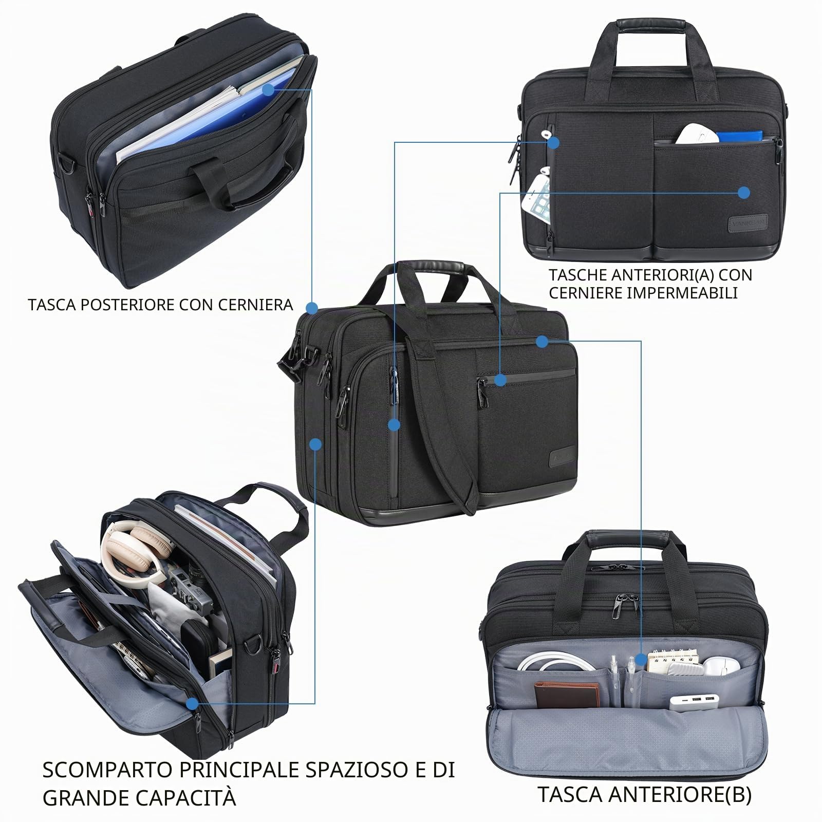 VANKEAN Borsa per Laptop per Uomo Donna, Borsa per Laptop da 17,3 Pollici Borsa a Tracolla Espandibile e Idrorepellente, Borsa per Computer con Tasche RFID per Viaggio/Affari/Scuola, Nero