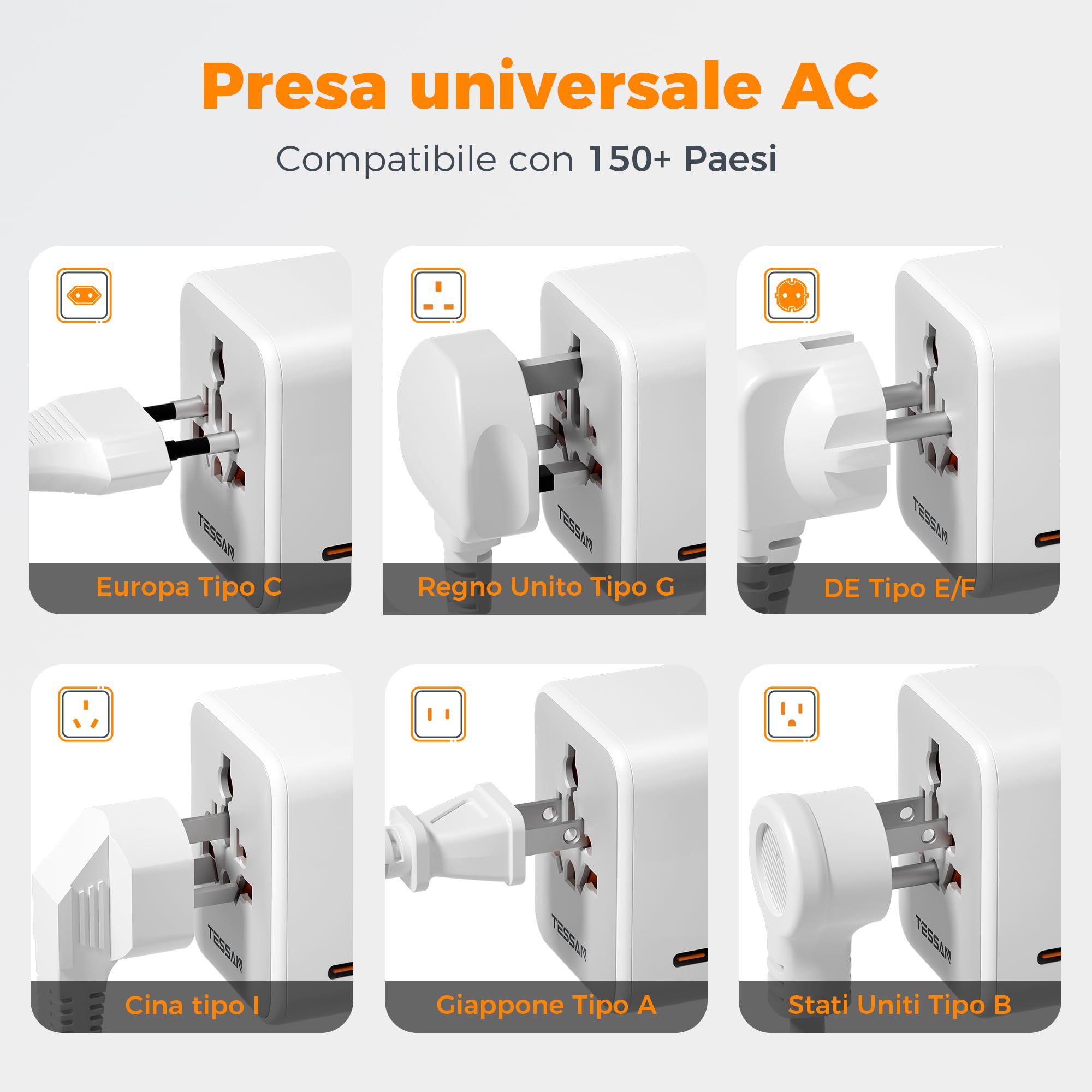 TESSAN Adattatore Universale da Viaggio con 2 USB C e 2 USB A, Presa per Spina Internazionale