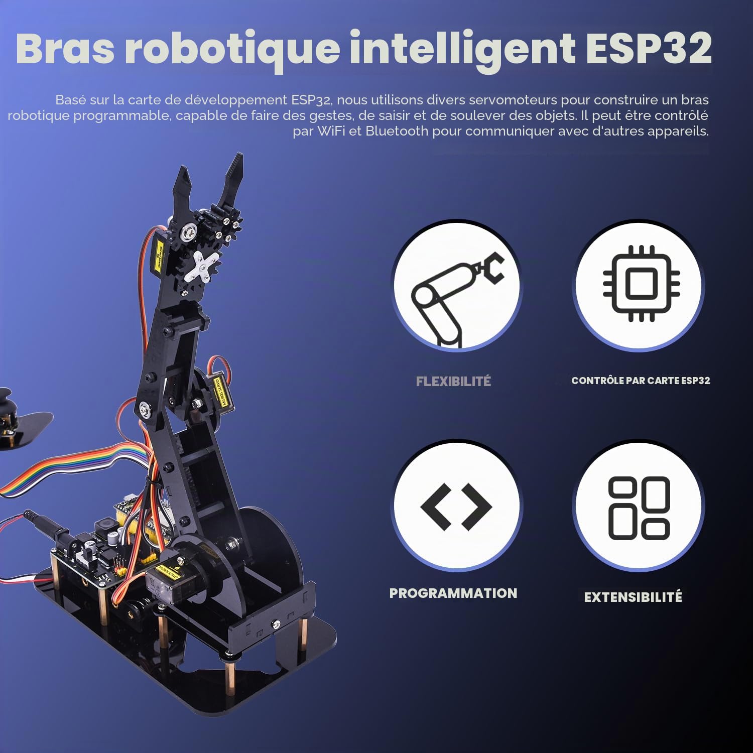 KEYESTUDIO ESP32 Kit de Bras de Robot Intelligent pour Arduino avec Joystick, kit de Construction de Robot de Programmation DIY pour l'éducation, Bras robotique 4DF pour Adolescents et Adultes