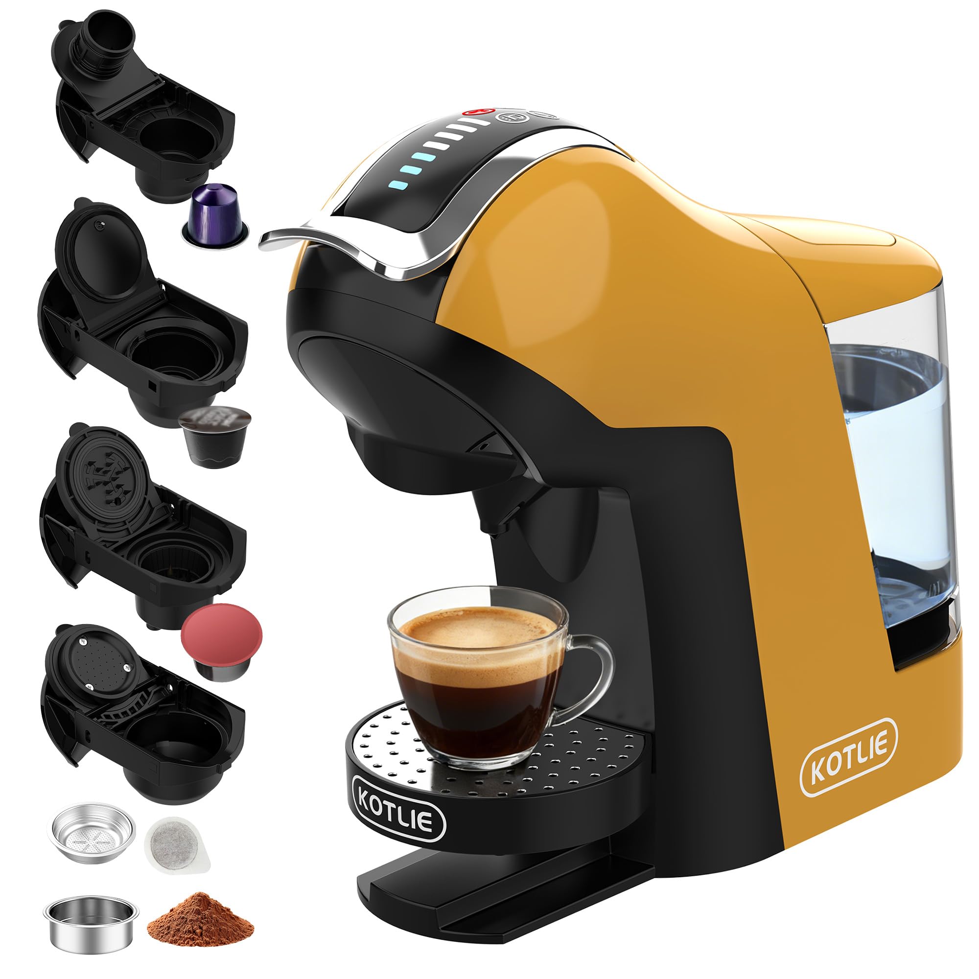 Upgrade Máquina de Cápsulas Café Espresso 5 en 1 19 Bar para Nespresso/Dolce Gusto/LAVAZZA MIO/LOR y Café Molido/ESE, Cafeteras Automáticas Pequeñas con Cápsulas, EM-308B (Amarillo)