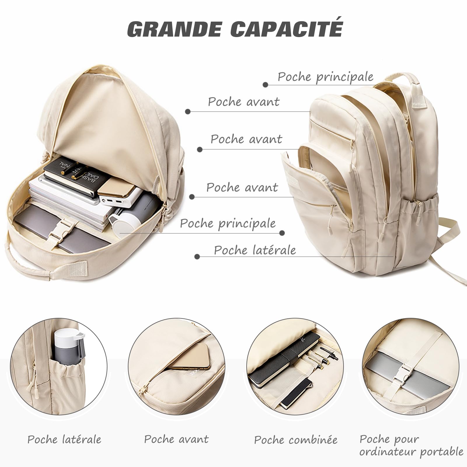 FANDARE Sac à Dos Scolaire College Cartables Fille Garçons Sac d'école pour 15.6 Pouce Laptop Casual Daypacks pour Scolaire Voyage Travail Imperméable Polyester