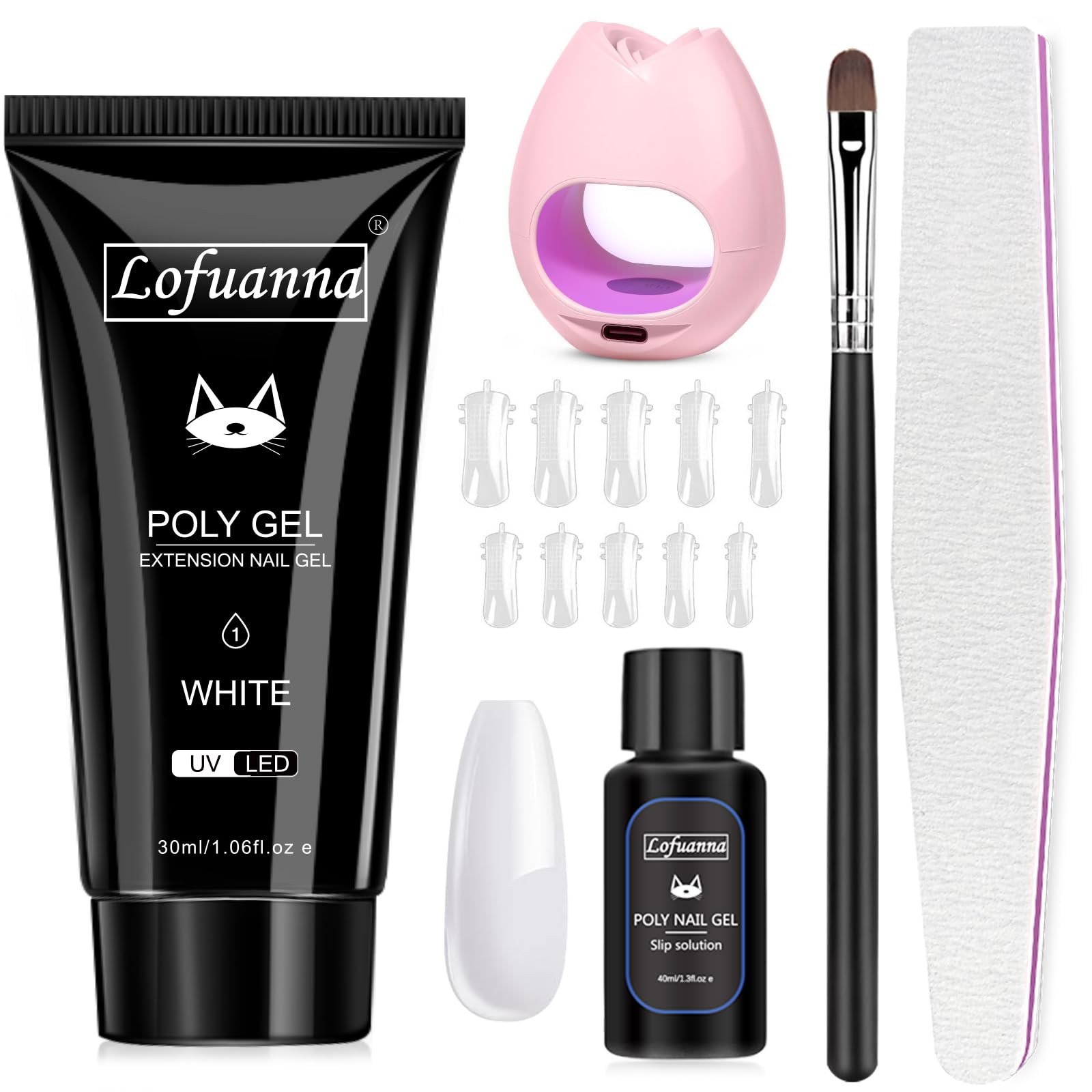 lofuannaPoly Gel Nail Kit-30ML White Poly Extension Gel Nail Starter kit, Poly Nail Gel With Nail Lamp Slip Solution Nail form Nail Brush,Nail Strengthen Nail Gel Kit DIY for Beginners