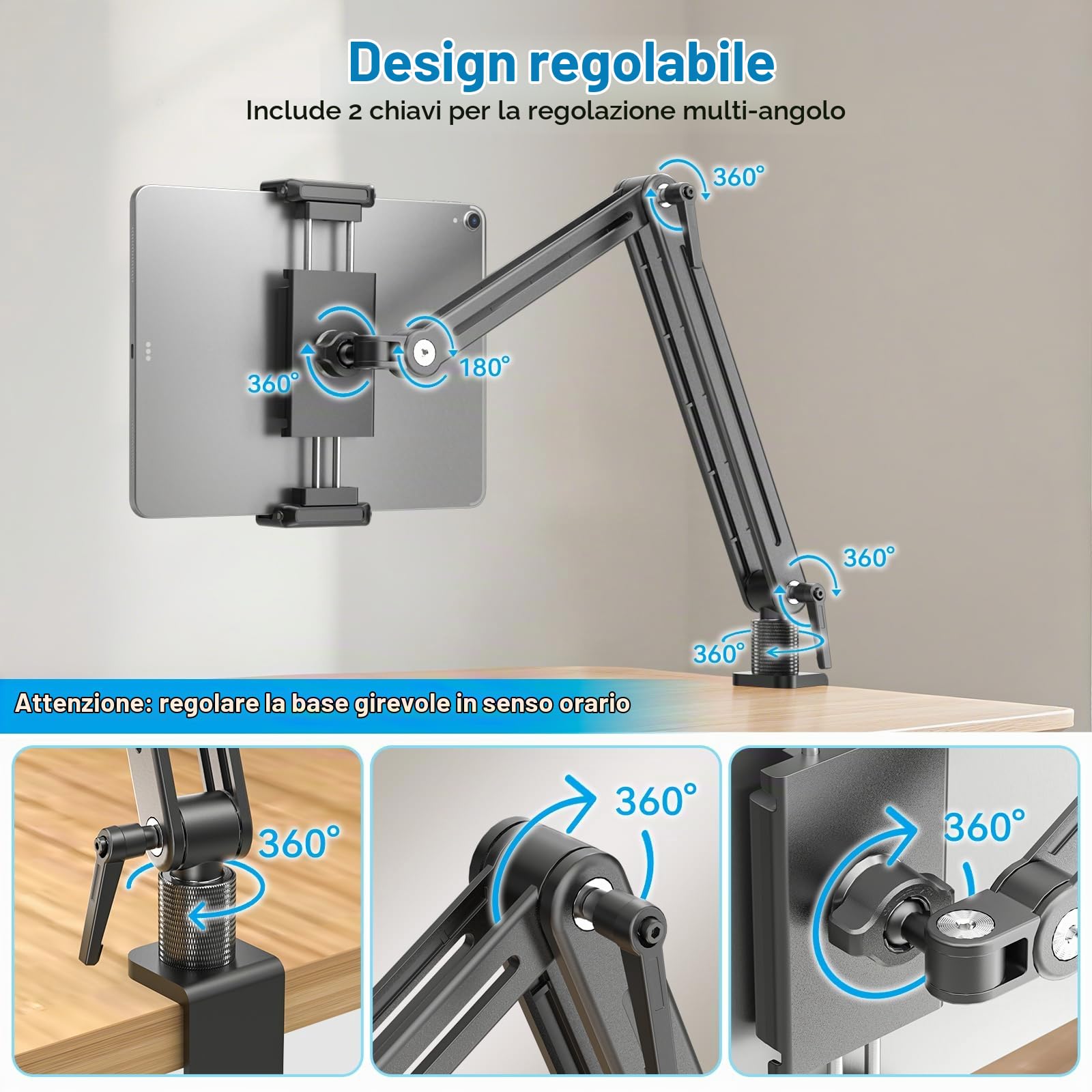 Jakeko Supporto da scrivania per tablet e iPad, base girevole a 360°, corpo in alluminio, chiave integrata, stabile, pieghevole, salvaspazio