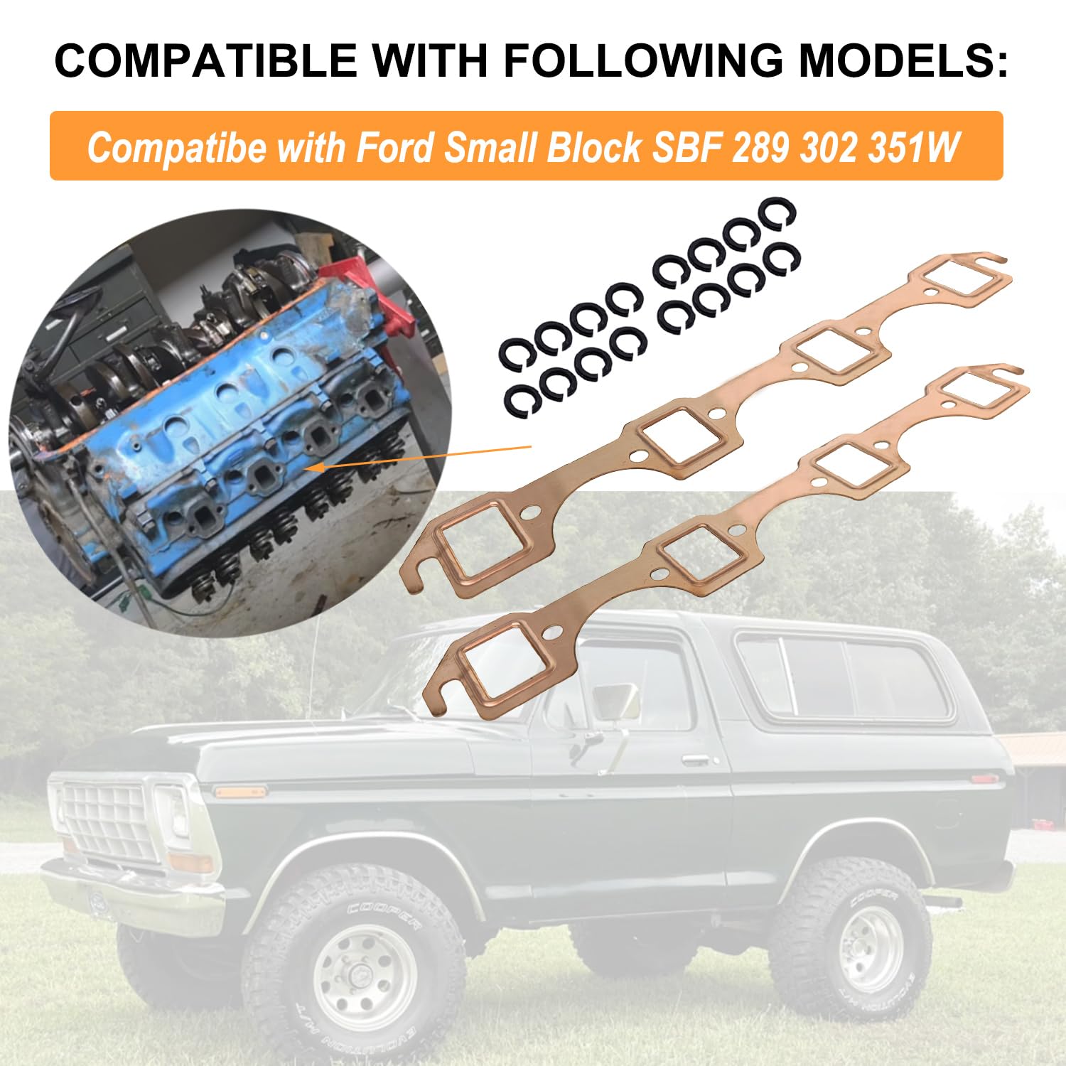 2-Pack Copper Exhaust Header Gaskets - Rectangle Port Replacement Compatible with Ford Small Block SBF Engines (Fits 289, 302, 351W) - Leak-Proof Seal & Reusable Design