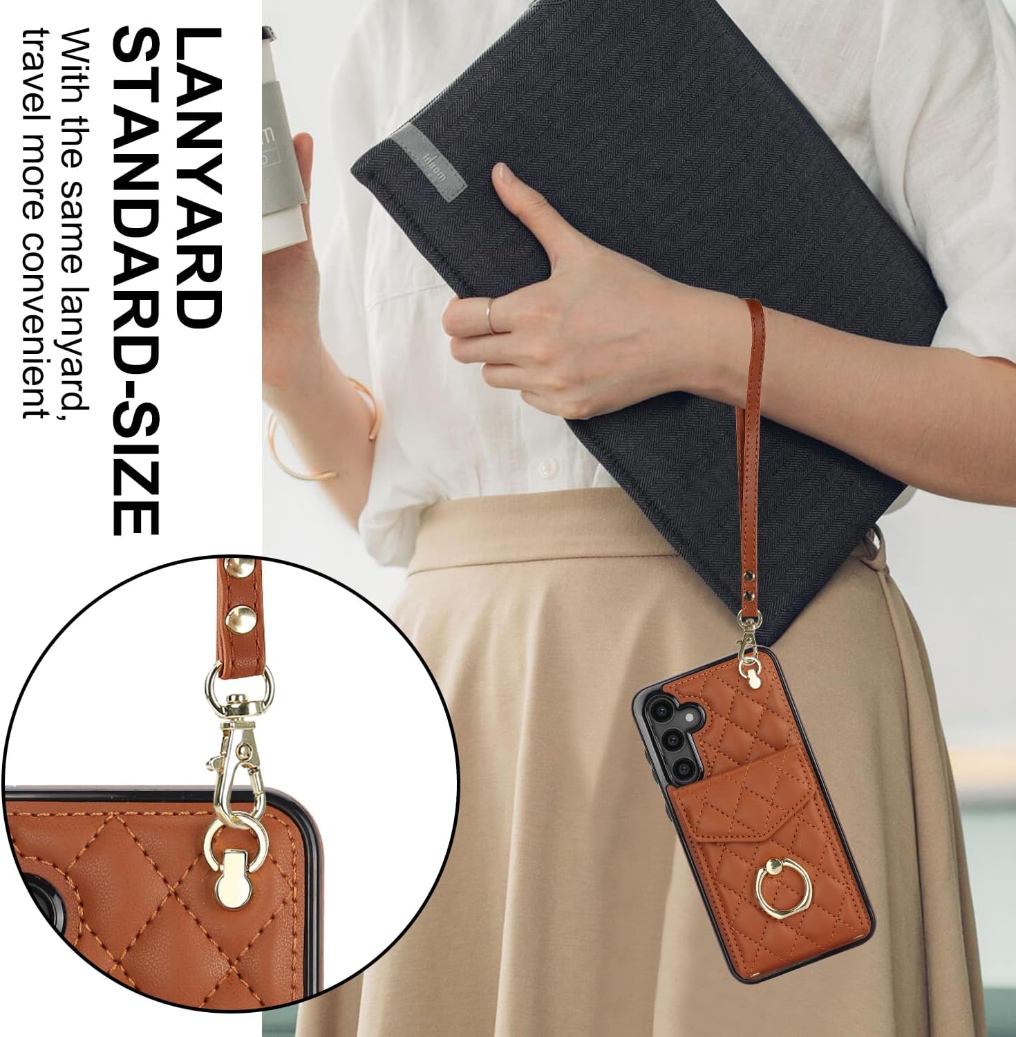 Phone Case for Samsung Galaxy S24 5G Wallet Cover with Tempered Glass Screen Protector Crossbody Wrist Strap Ring Stand RFID Blocking Credit Card Holder Cell S 24 24S G5 SM-S921U Women Men Girls Brown