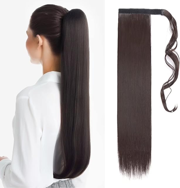 TESS Clip In Ponytail Hair Extensions Brown 23 Inches, 4A Dark Brown Straight Hair Extensions Clip In Ponytail 90g Fake Ponytail Extension Long Hair