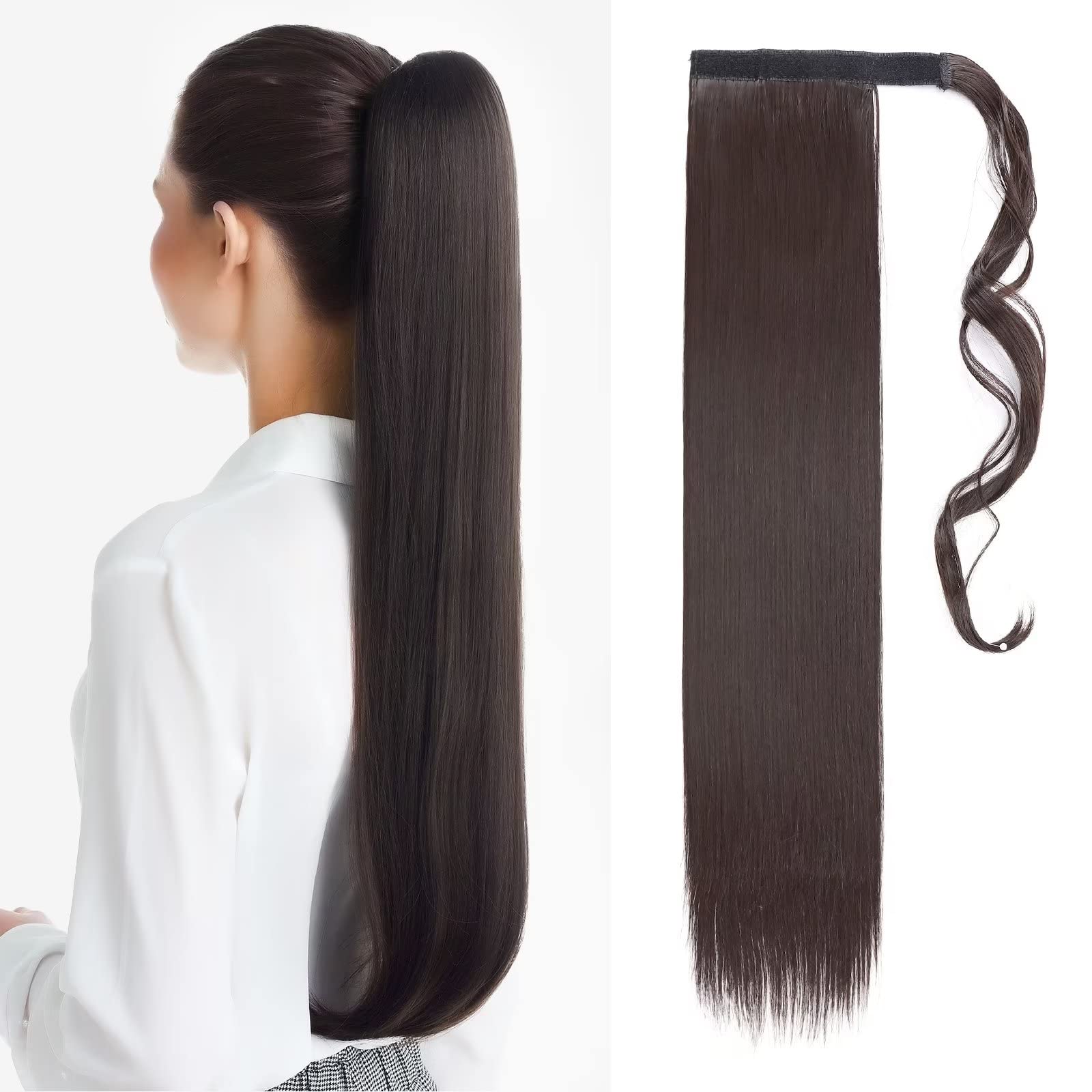TESS Coleta Postiza Pelo Natural 66 cm, Postizos de Pelo Natural Liso Marrón oscuro (#4A) Coleta Postiza 100g