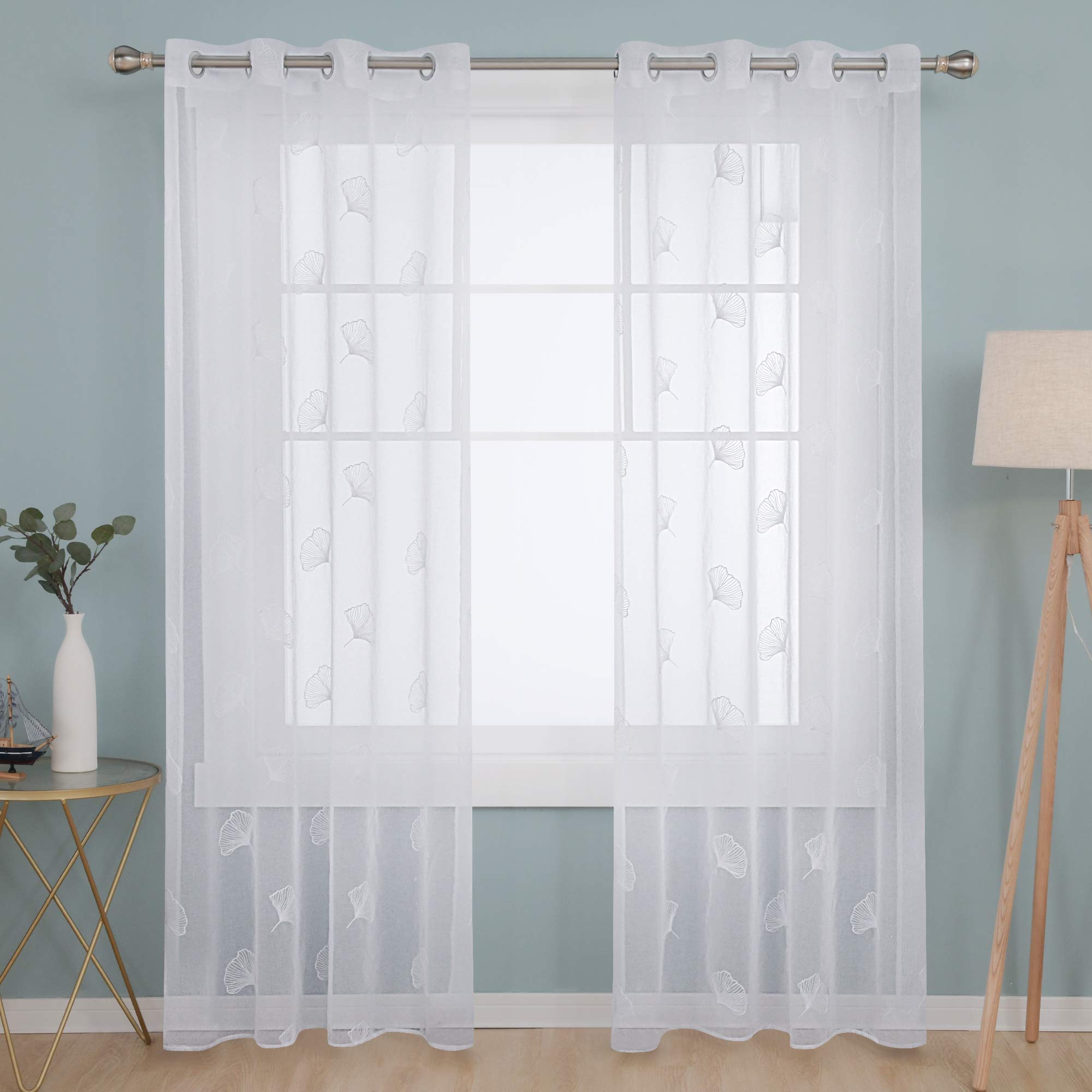 Deconovo Dedanlion Blossoms Embroidered Voile Curtains Eyelets Linen Effect Sheer Curtains Home Decorative Net Curtains for Kitchen 55 x 90 Inch White Two Panels