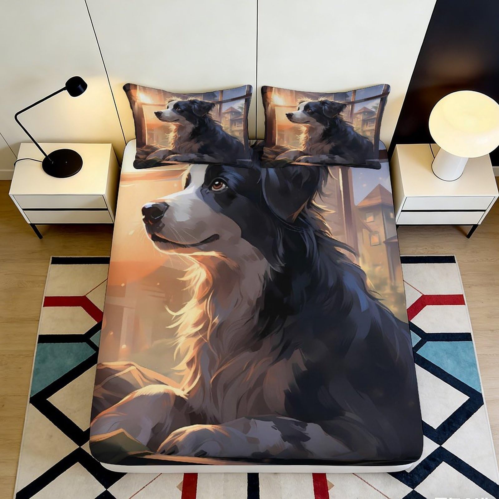 3D Printed Border Collie Fitted Sheet Microfiber Soft Anti-Slip Forest Bed Sheet for Bedroom Guest Room Decor 90x200x25cm