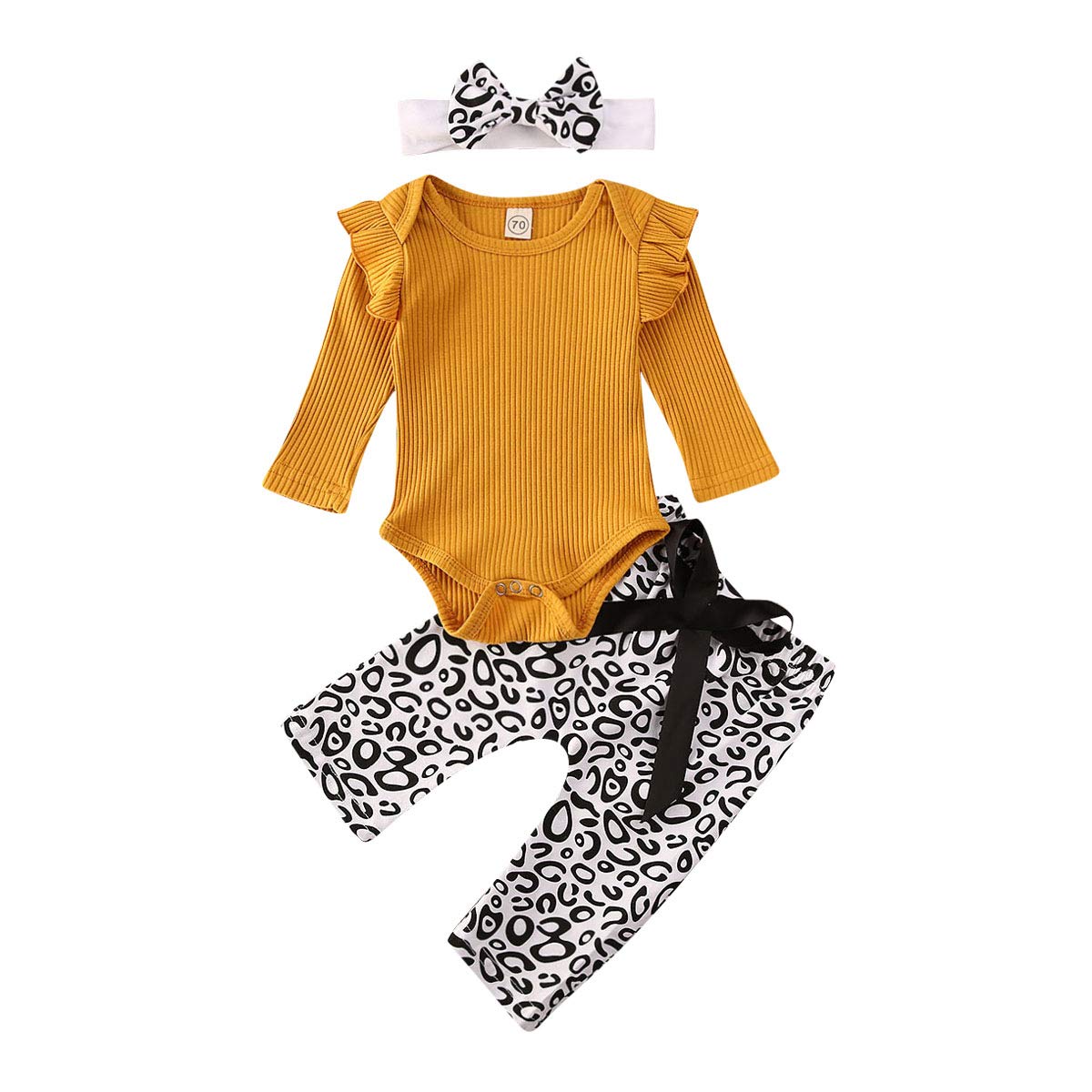 FIOMVA3PCS Infant Baby Girl Leopard Outfits Flying Sleeve Romper Bodysuit+Harem Pants+Headband Clothes Set