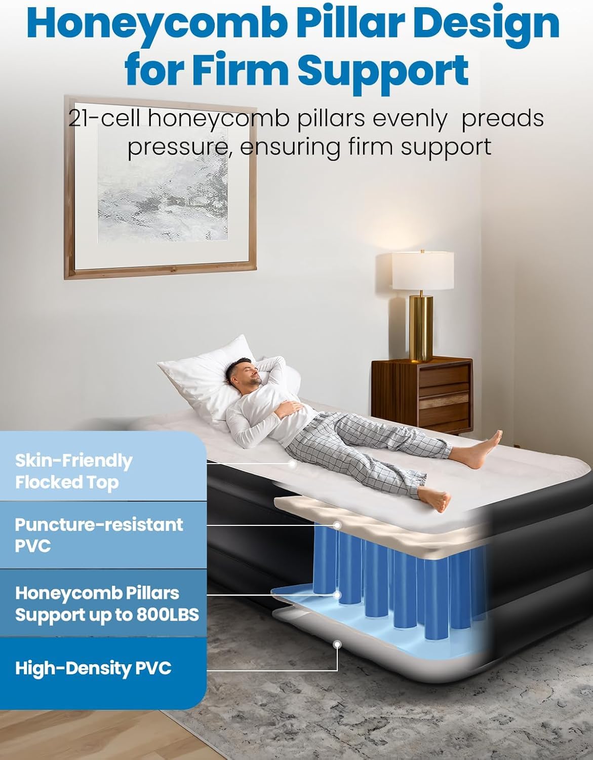 CHERIMOR Colchón Hinchable 203x99x46CM Soporta 220KG | Colchón Inflable Individual Bomba Integrada & 3-Min Inflado Colchon Hinchable Ideal Doméstico Camp Uso Bolsa -BLA