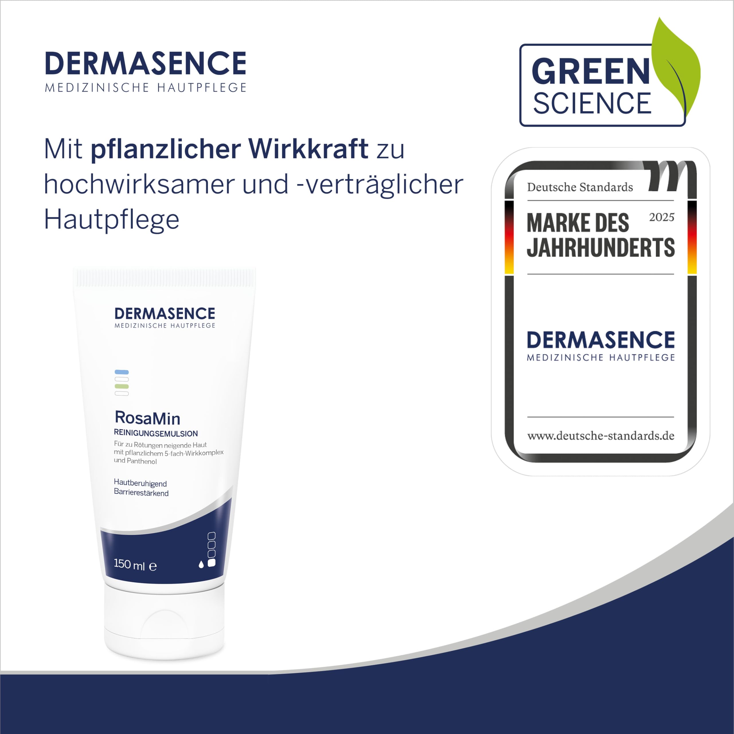 DERMASENCE RosaMin Reinigungsemulsion, 150 ml – Milde Gesichtsreinigung bei Rötungen, parfümfrei, seifenfrei, ideal bei empfindlicher Haut und Rosacea, Make-up-Entferner, feuchtigkeitsspendend, vegan