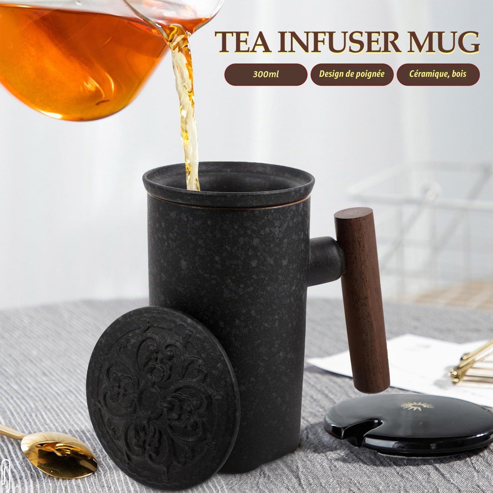Tasse à Thé 300 Ml en Céramique avec Filtre et Couvercle Maison Bureau, pour Infusion Quotidienne Thé