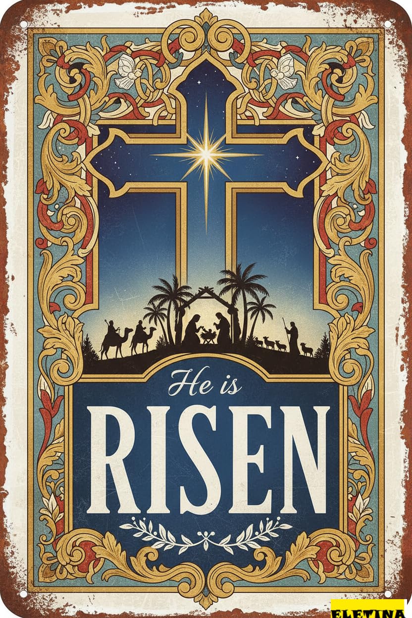 He Is Risen Easter Bible Verse Nativity Scene Rustic Vintage Metal Sign Living Room Wall Decor 8x12in